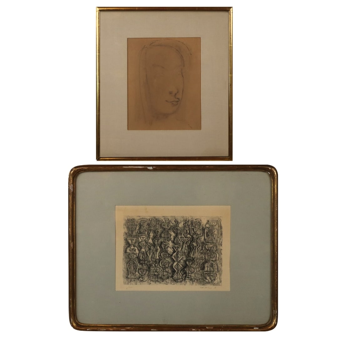 Mark TOBEY & Massimo CAMPIGLI, 2 Prints: Group of two framed prints, including: Massimo Campigli (Italian, 1895-1971) abstract figural lithograph, pencil signed and dated lower right, 1959, inscribed lower left; together with a print after M