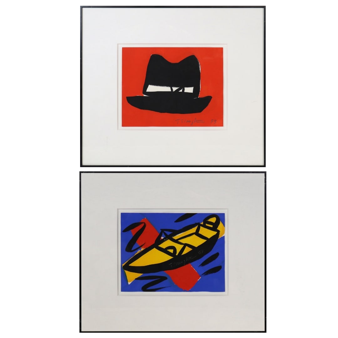 Tom SLAUGHTER 2 Gouaches, Boat & Hat, 1993: Tom Slaughter (American, 1955-2014) group of two vibrant gouache paintings on paper, one depicting a hat, the other a boat, each pencil signed "T. Slaught" and dated, 1993, matted and framed. [Sheets:
