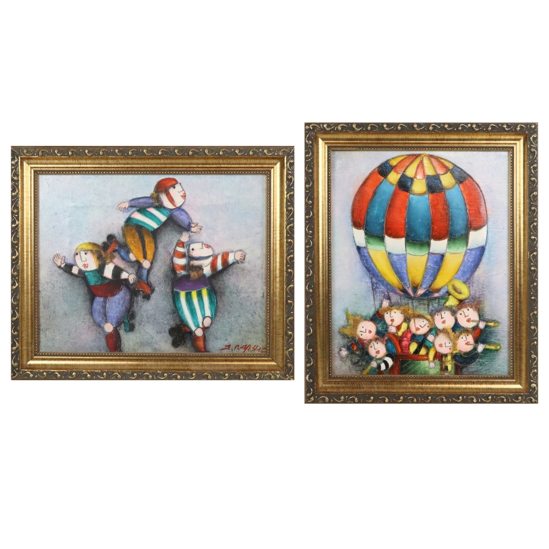 Joyce ROYBAL 2 Oil on Canvas, Whimsical Figures: Joyce Roybal (American, b. 1955) suite of two oil on canvas paintings, whimsical figural scenes, one signed lower right "J. Roybal", framed. [Canvas: 8" H x 10" W; Frames: 10" H x 12" W]. Overall cond