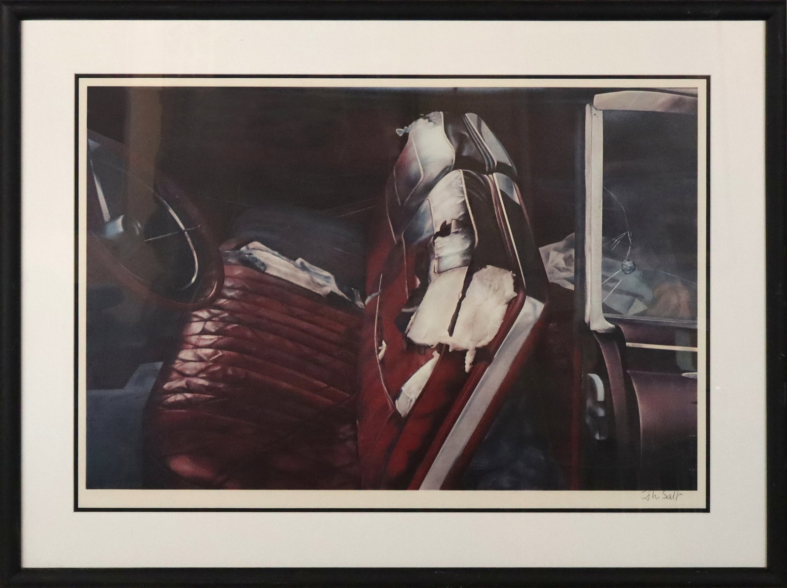 John SALT "Arrested Vehicle..." Color Lithograph: John Salt (English, b. 1937-2021) color lithograph, "Arrested Vehicle with Red Seats", 1972, pencil signed to lower right margin, matted and framed. [Image: 17.25" H x 26" W; Frame: 25.25" H x 33.5" W
