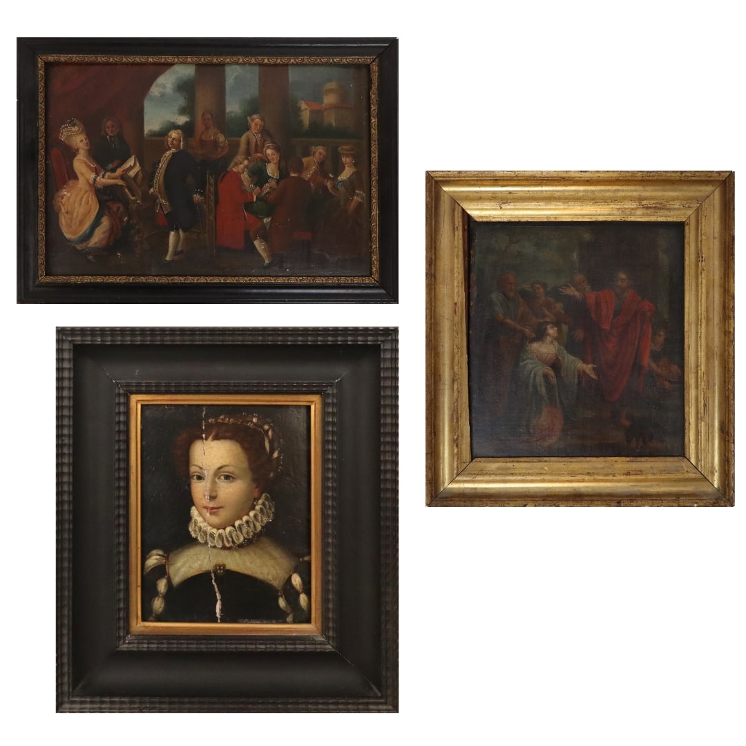 3 European School Reproduction Paintings: Suite of three European school style paintings, early 20th century reproductions after 16th-18th century works. [Largest frame: 16.25" H x 13.5" W]. Condition varies, all worn, residue, portrait paint