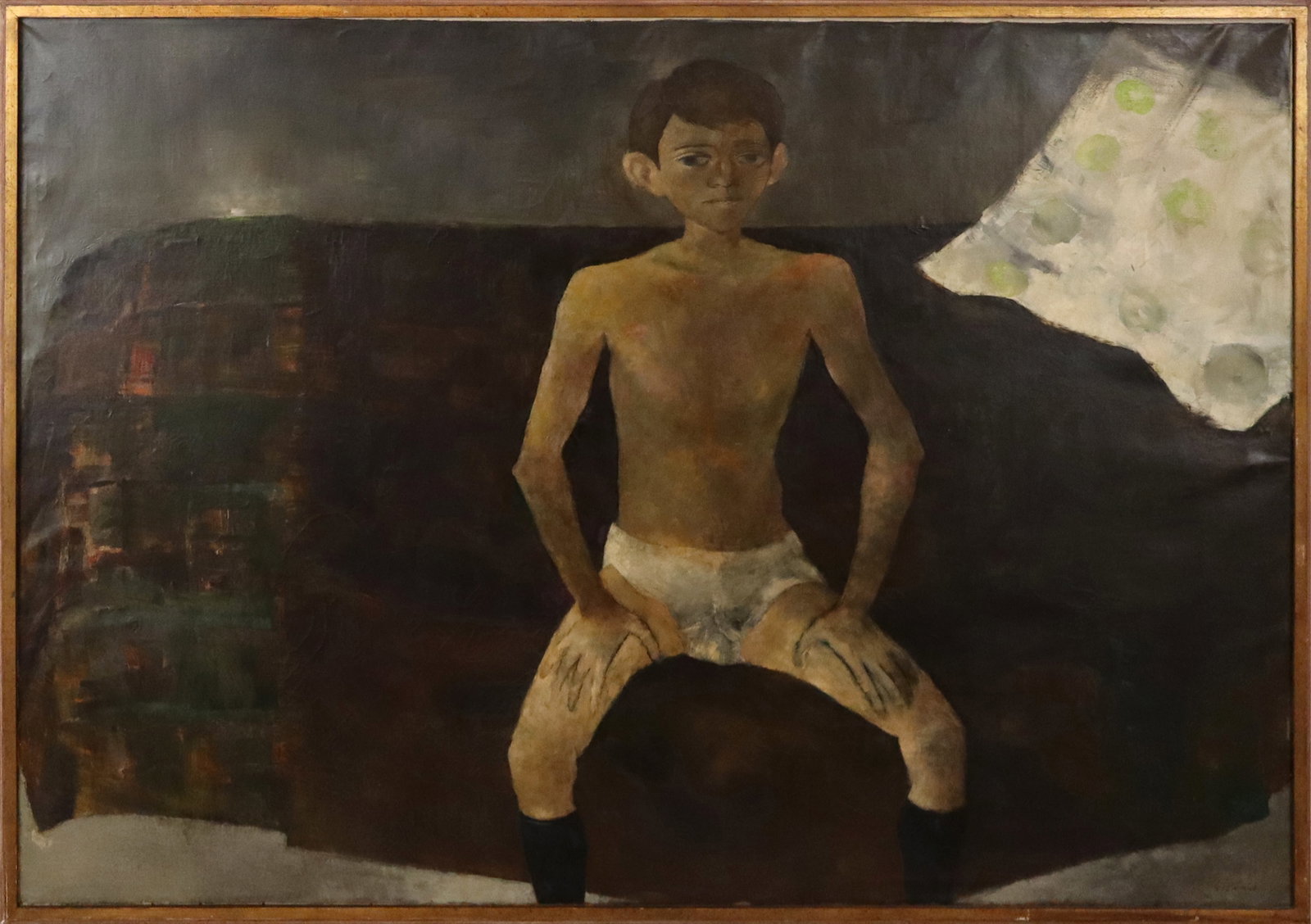 Gaetano D'AMICO Oil on Canvas Seated Boy: Gaetano D'Amico (Italian, b. 1937) oil on canvas, young seated boy, signed lower right "S. D'Amico", 1964, inscribed and signed to verso, framed. [Canvas: 60" H x 43.5" W; Frame: 45" H x 62.25" W]. Ar