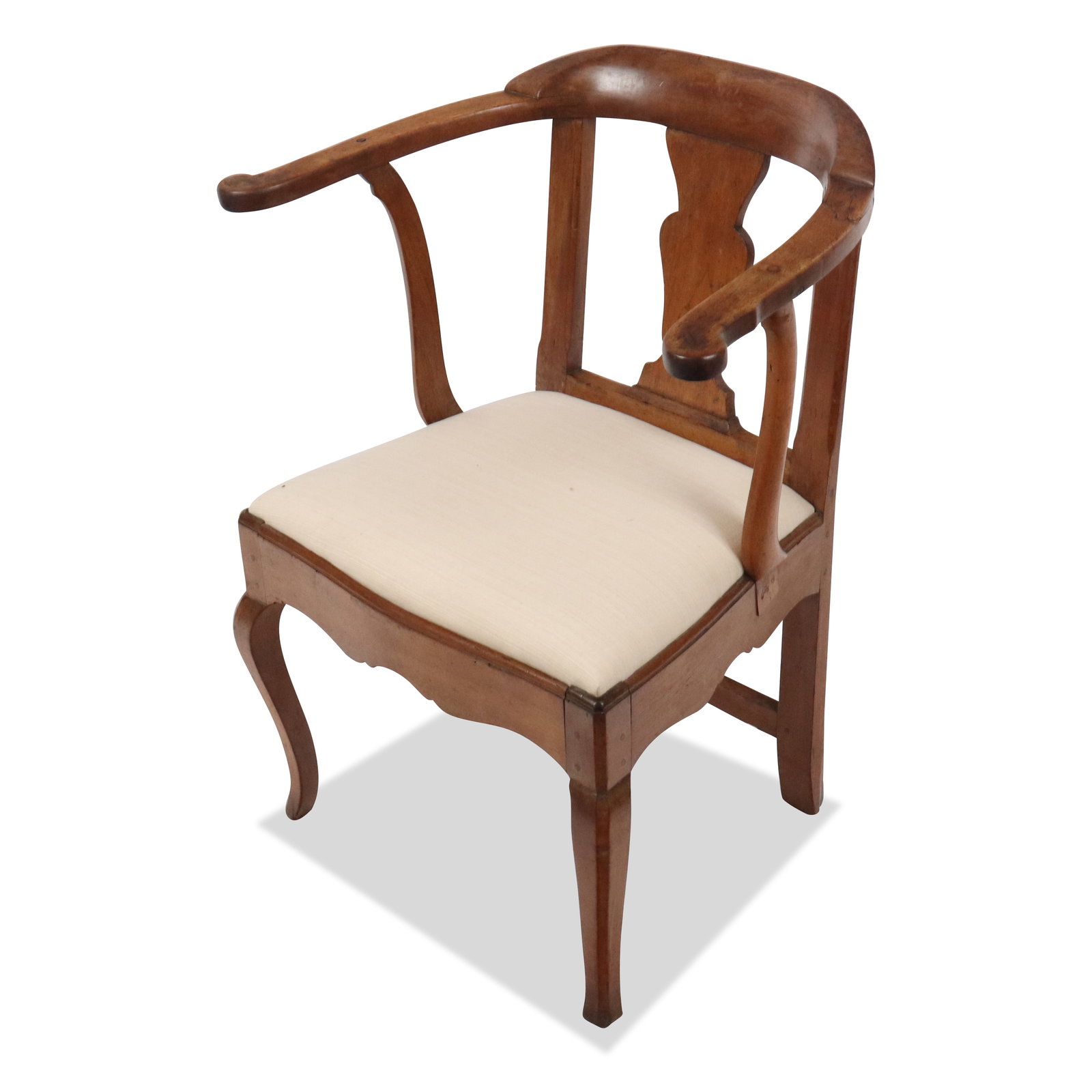 American Oak Armchair: American oak armchair or desk chair, 19th century, with wood joinery construction and an upholstered seat. [34" H x 26" W x 18" W; seat height: 19"]. Condition is good to fair with surface wear and cr