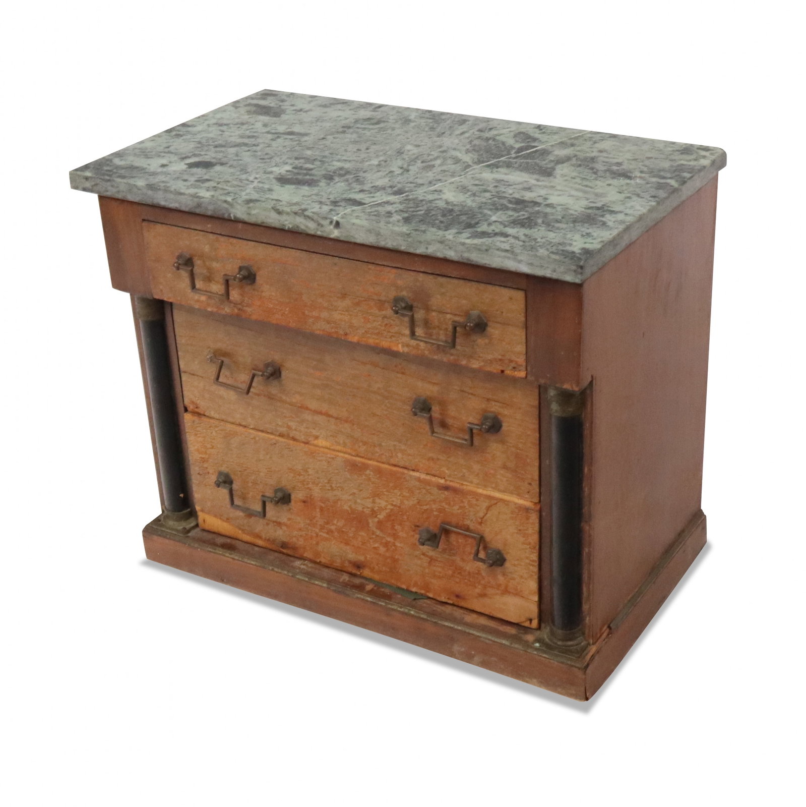 Italian Marble Top Commode: Italian marble top commode, 20th century, with three drawers, each lined in decorative paper, marked Italy to label at reverse and to marble at underside. [18.5" H x 23" W x 13.5" D]. Condition is poo