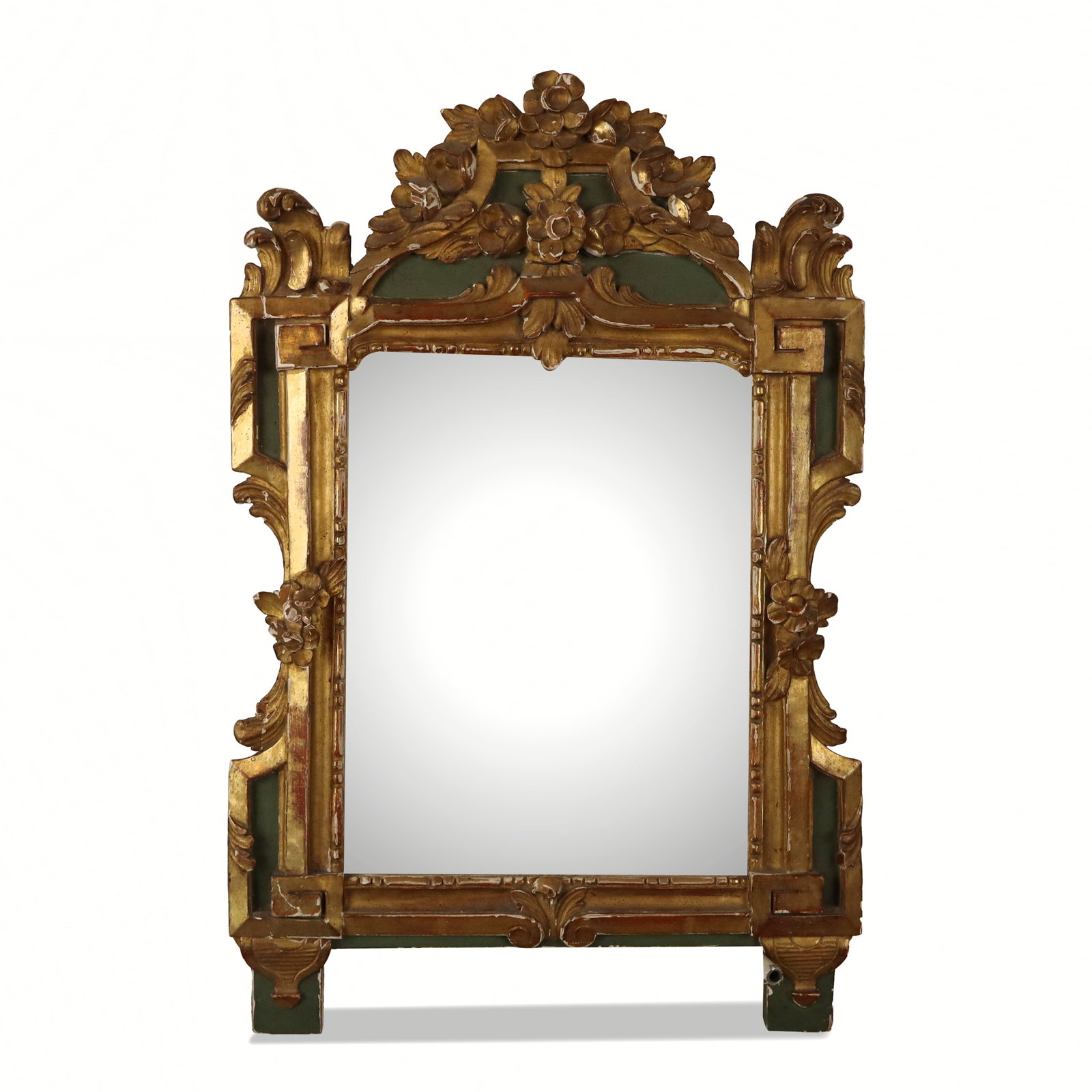 Andre Milfert Carved and Painted Mirror: Ateliers d'Art Andre Mailfert reproduction carved and gilt wood mirror, France, 1950, with floral and green-painted details, with a label to reverse with date. [30" H x 19.5" W]. Condition is good wit