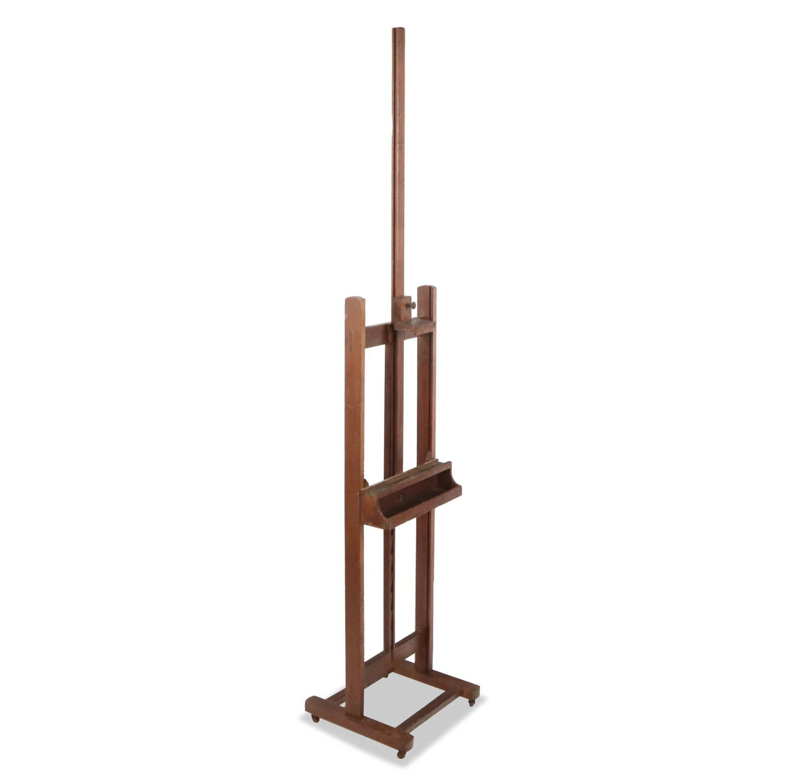 Oak Easel: Oak easel, early 20th century, with adjustable mount and paint tray. [87" H x 17" Square]. Condition is good with surface wear and some paint residue.
