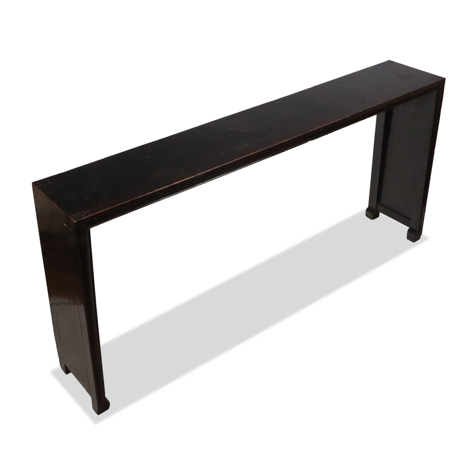 Korean Lacquered Wood Altar or Console Table: Korean lacquered wood altar or console table, 20th century, with wood joinery construction, on feet. [37" H x 80" W x 23.5" D]. Condition is good with surface wear and areas of denting to top.