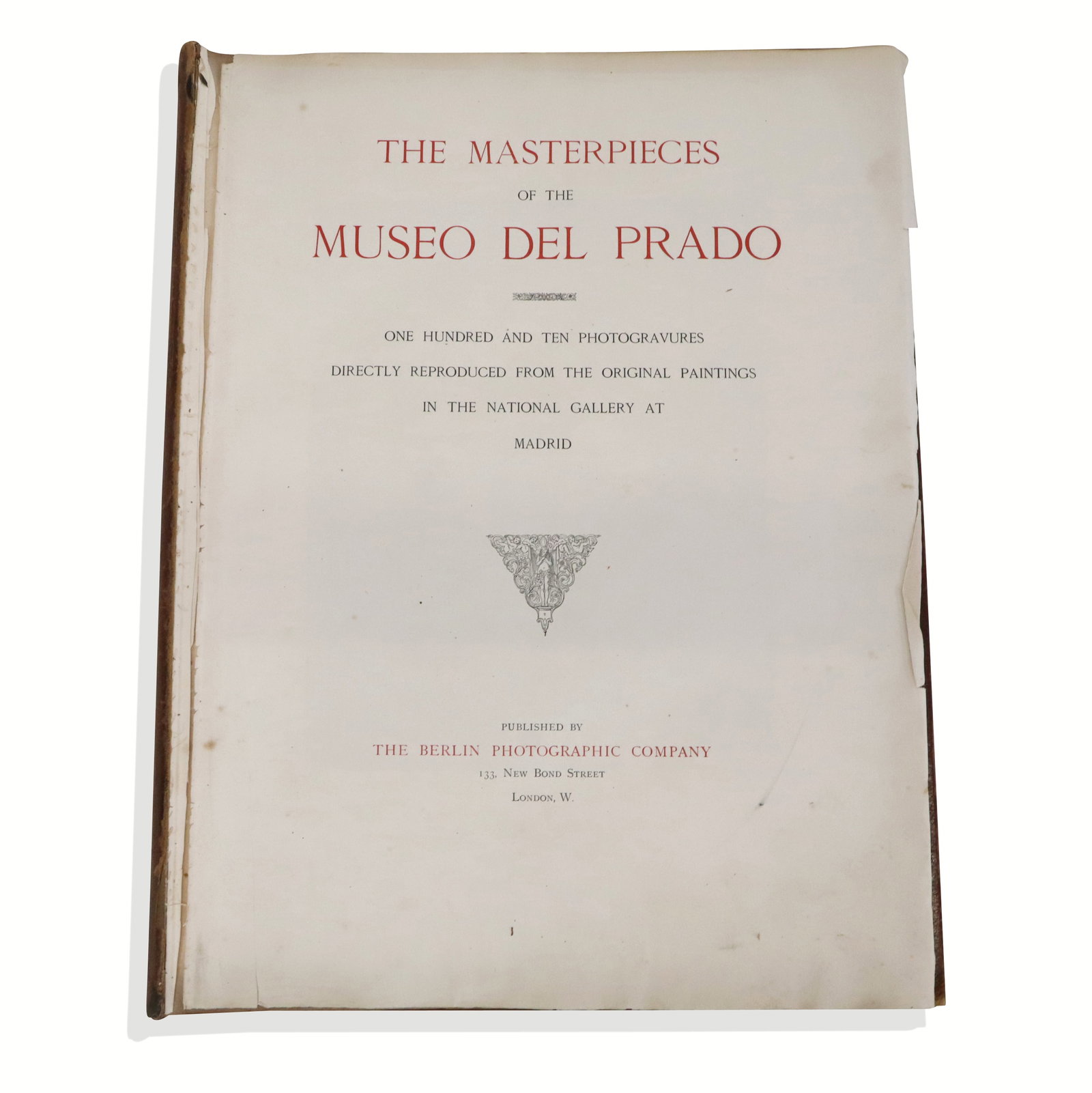 "Museo Del Prado" Large Volume: "The Masters of the Museo del Prado", large volume/book. One Hundred Ten photogravures reproduced from the originals, Published by the Berling Photographic Company, London. [27" H x 20" W]. Cover miss