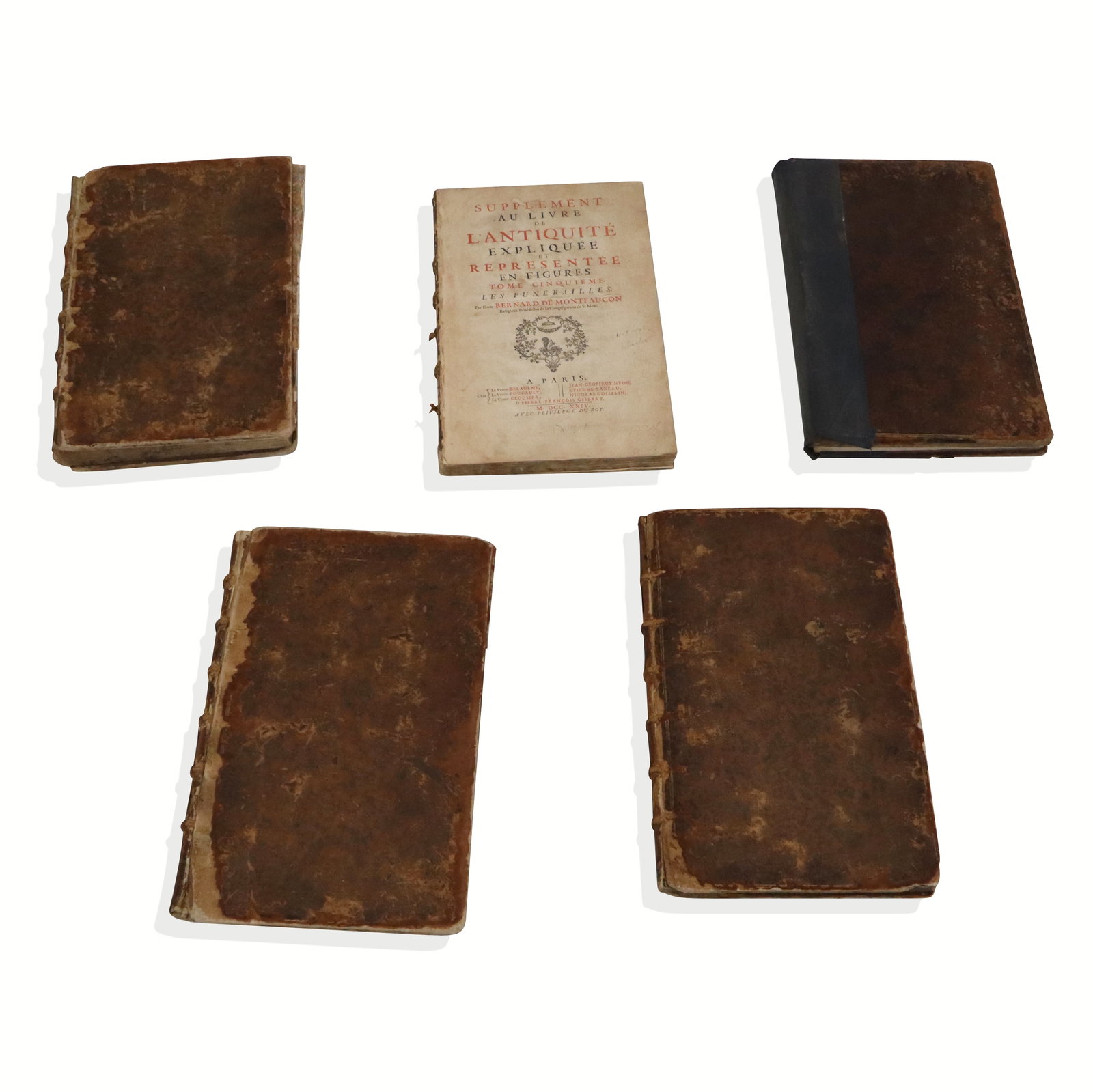 "L'Antiquite Expliquee" - Five Volumes: "L'Antiquite Expliquee", Five incomplete volumes, 18th Century, including full pages of engravings of statues, figures, architecture, and text, hundreds of engravings. Two main books and 3 "Supplement