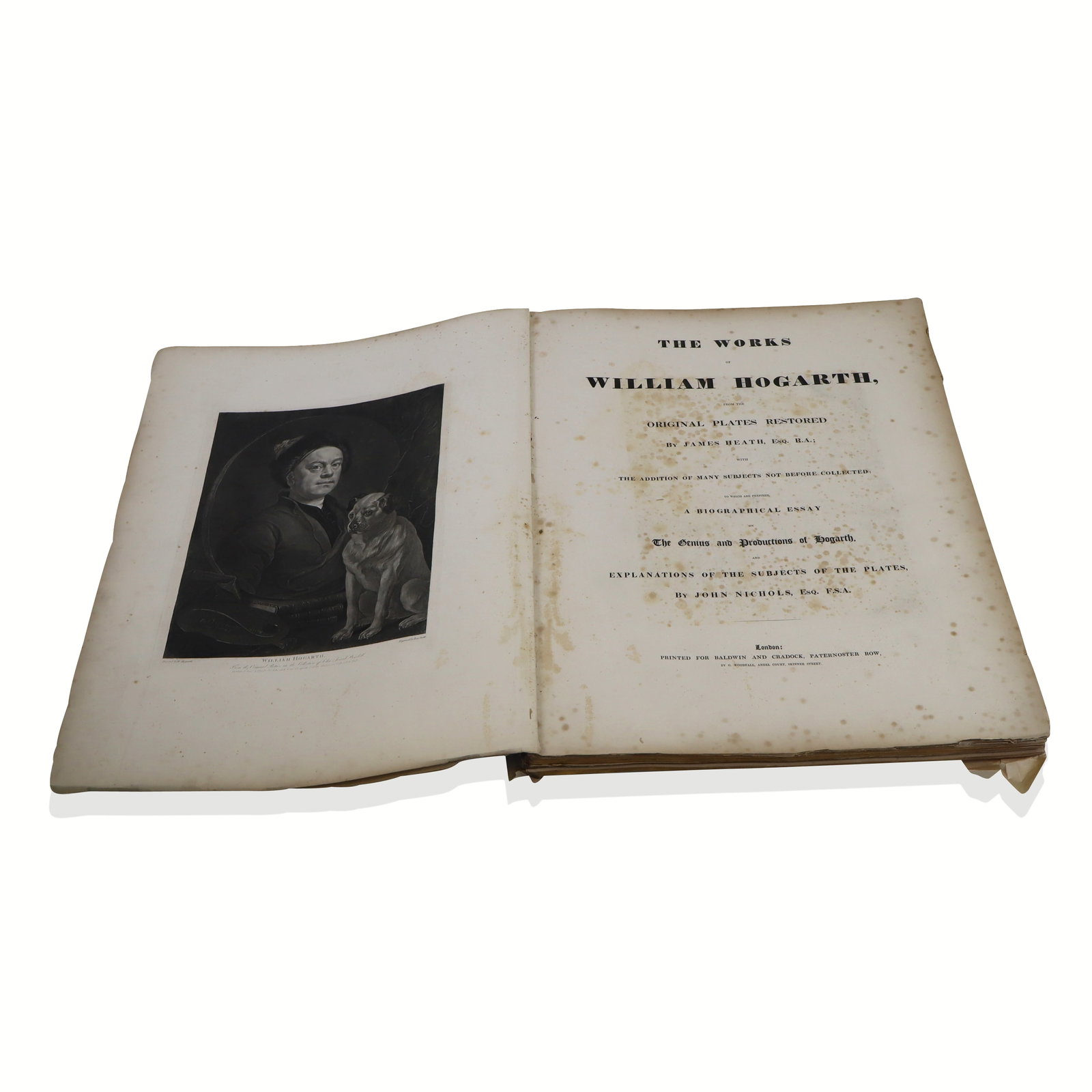 Large Volume "The Works of William Hogarth": Large volume "The works of William Hogarth", Printed by Woodfall, Skinner Street, London, Late 19th century. Many plate prints as well as text in book, essay by John Nichols, Esq. [25" H x 20" W]. No 