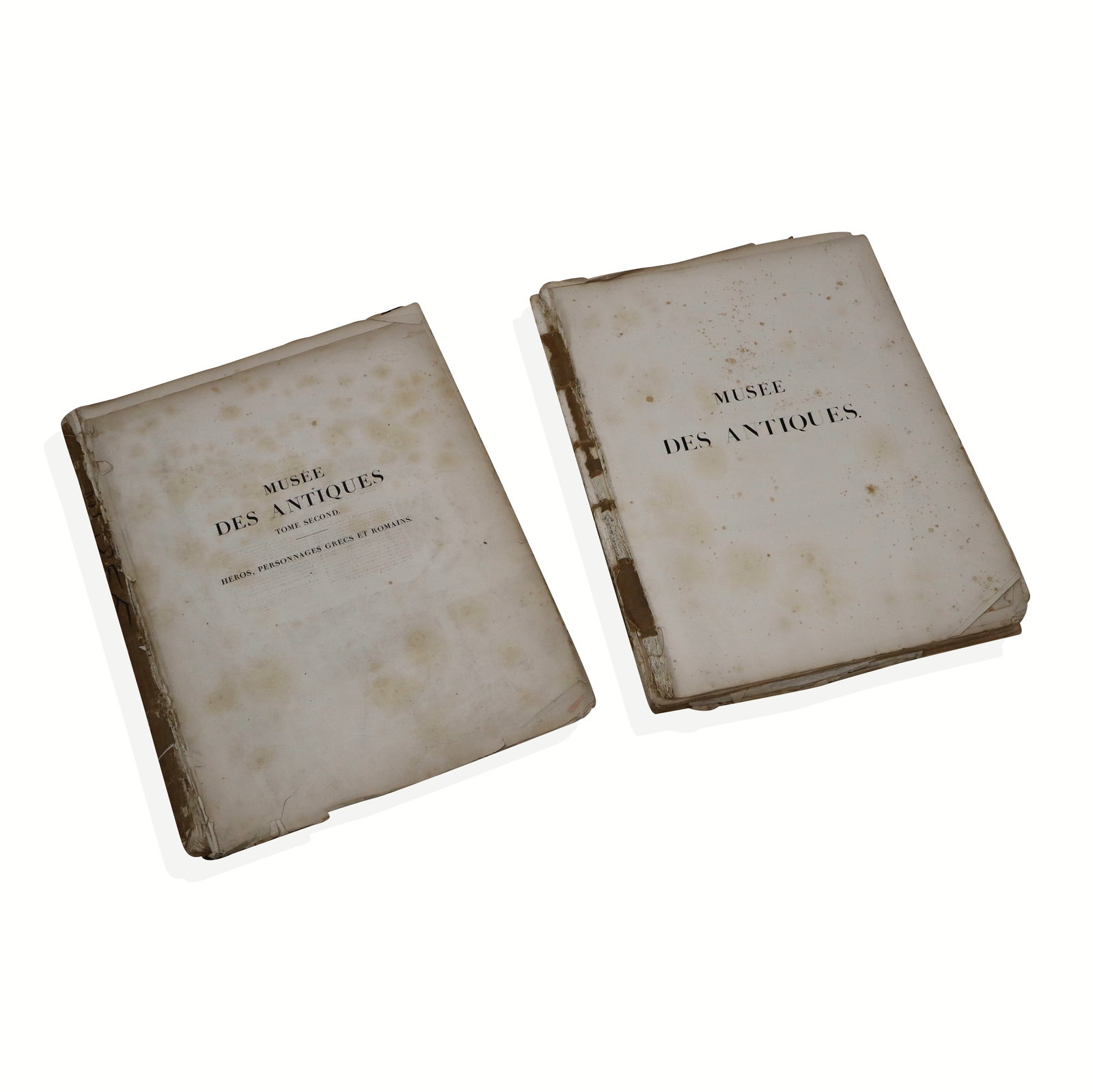 Two Large Volumes "Musee des Antiques": Two large volumes "Musee des Antiques"; "Tome Premier, Divinities", and "Tome Second, Hero's, Personnages Grecs et Romains". No covers, classical etchings within text pages. [24" H x 19" W]. No covers