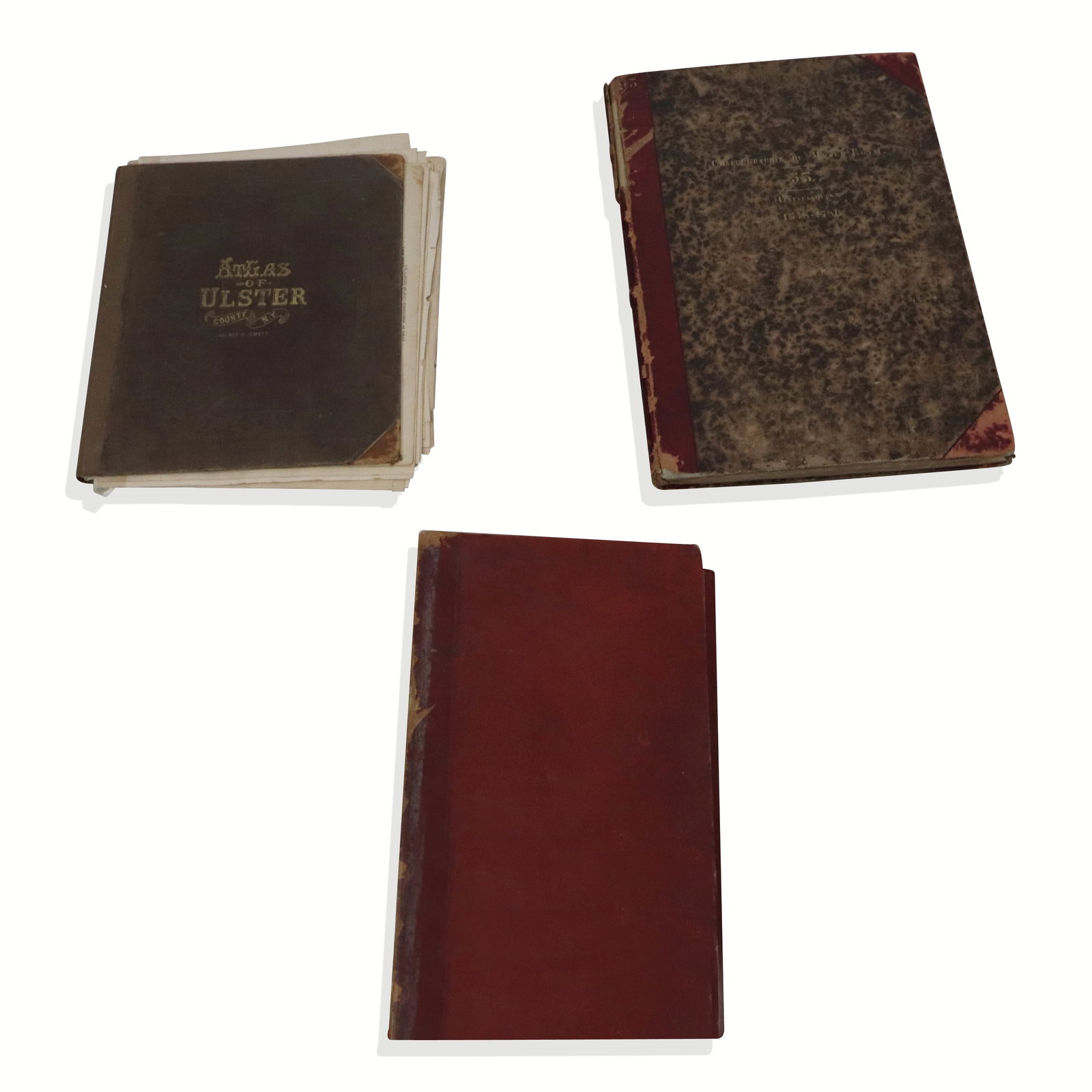 Three Assorted Vintage Picture Books: Three assorted picture books - Atlas of Ulster County with scenic prints and maps; A French Manuscript on weaving with directions and pictures; "Chalcographie du Musee Royal" volume 53, with fold out 