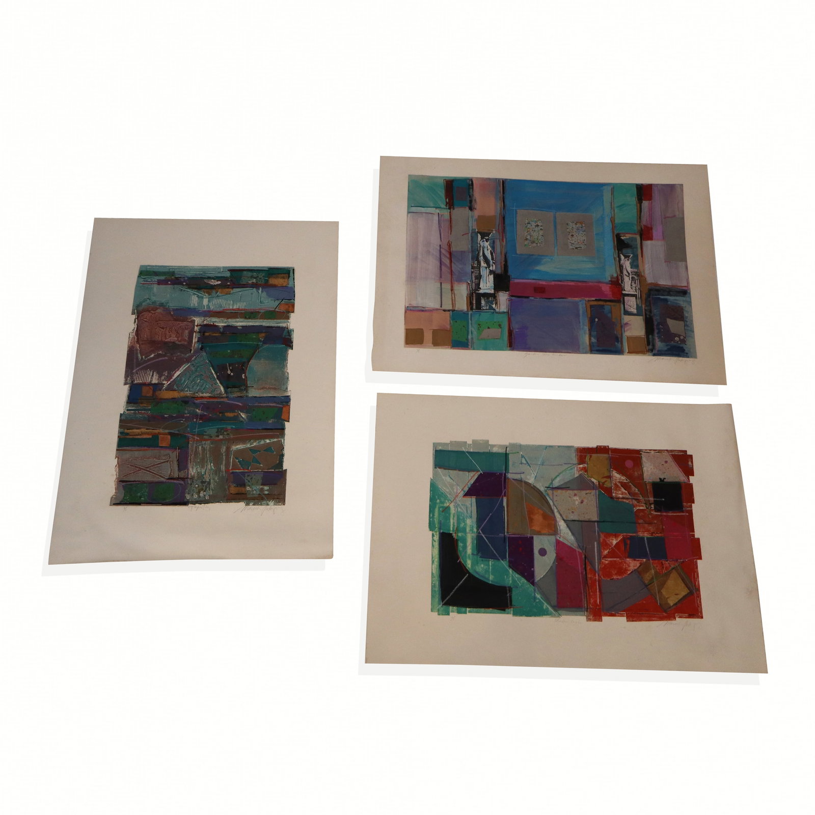 Manuel RODRIGUEZ Jr. 3 Abstract Mixed Media Works: Manuel Rodriguez Jr. (Filipino, b. 1942) collection of three mixed media works on BFK Rives paper, each pencil signed, titled, and numbered to margin, all 1/1 editions, unframed. [Sheets: 29.5" H x 41