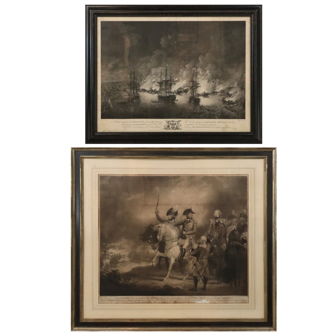 Two Antique Nautical & Naval Engravings: Group of two framed antique monochrome engravings, early 20th century, including: a nautical print, "To Her Majesty the Empress of all the Russias...", after an 18th century painting by Richard Paton;