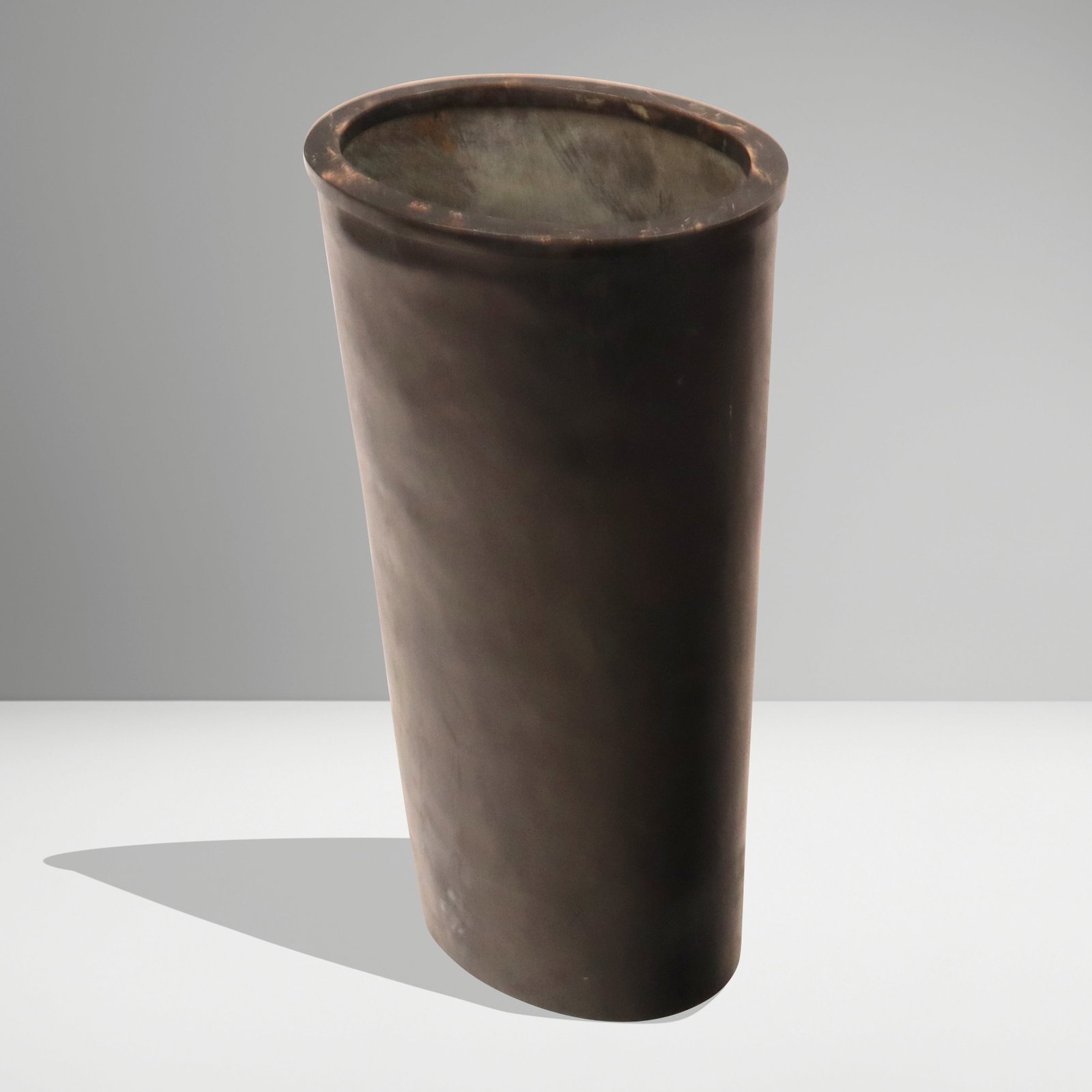 IBU Blackened Bronze Floor Vase: IBU marked blackened bronze floor vase or vessel, later 20th century, marked IBU to base at underside with edition 2/8. [28" H x 11.5" W x 8" D]. Condition is good with some minor losses to finish