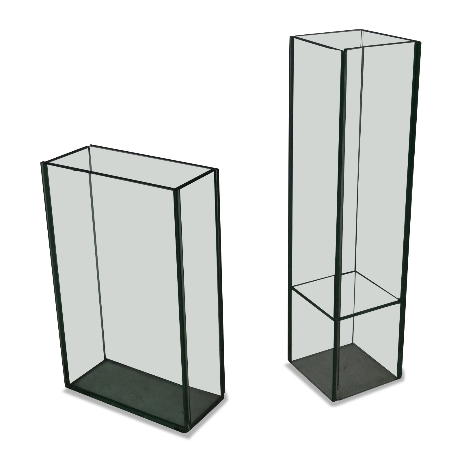 Two Modern Glass Floor Vessels: Two modern glass floor vessels, late 20th century. [Taller: 31.5" H x 7.75" Square]. Condition to each is good to fair, each with scattered chips to corners.