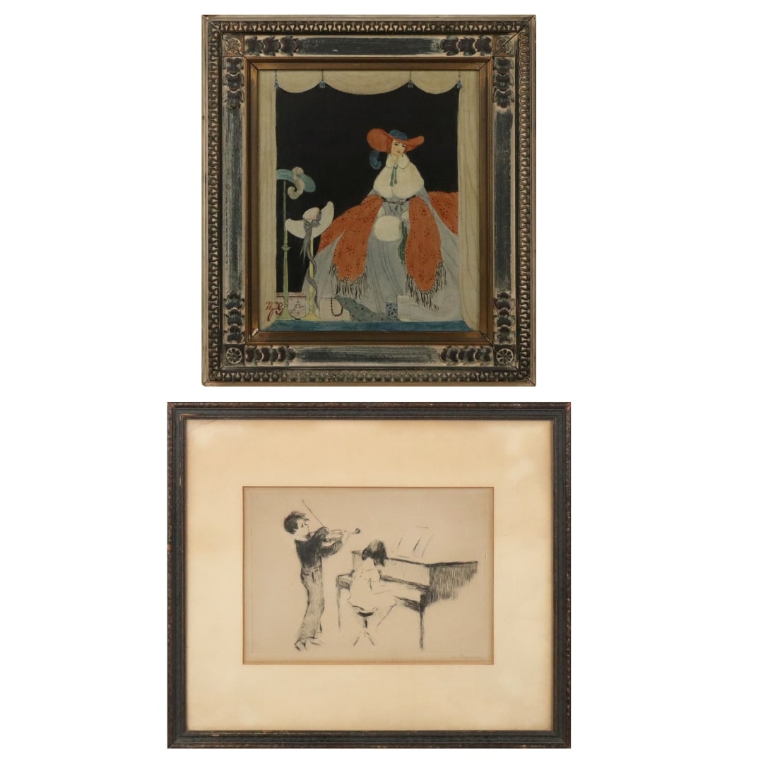 Margery RYERSON & Other, 2 Framed Works: Margery Austen Ryerson (American, 1886-1989) dry point etching, children's music lesson, pencil signed lower right "M. Ryerson", matted and framed. Together with an oil on canvas portrait of a woman, 