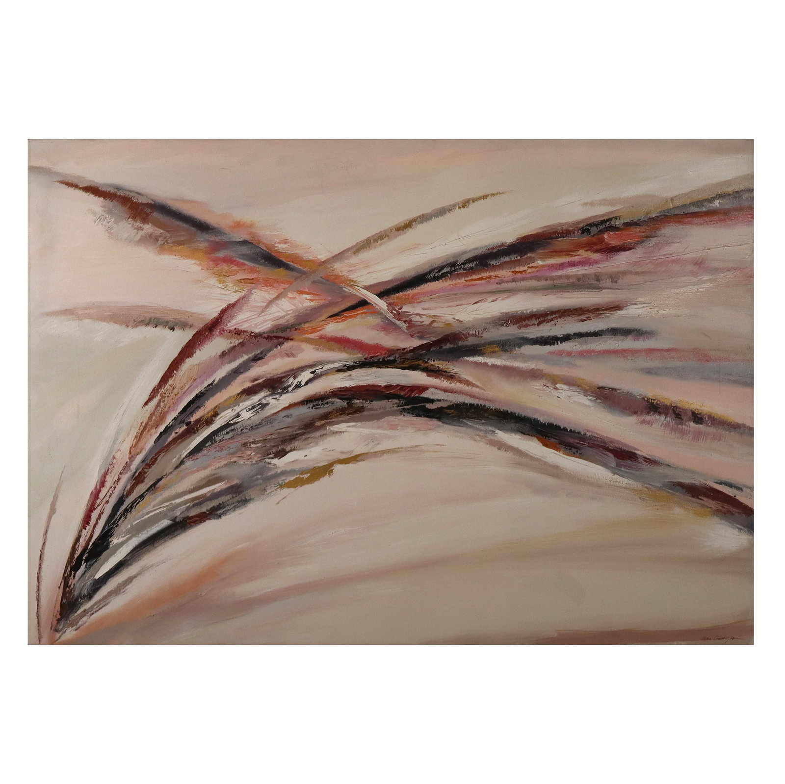 Large Abstract Oil On Canvas Composition: Large unframed oil on canvas, abstract composition in tones of pink, brown, and blue, signed illegibly lower right. [36" H x 52" W]. Overall condition is good.
