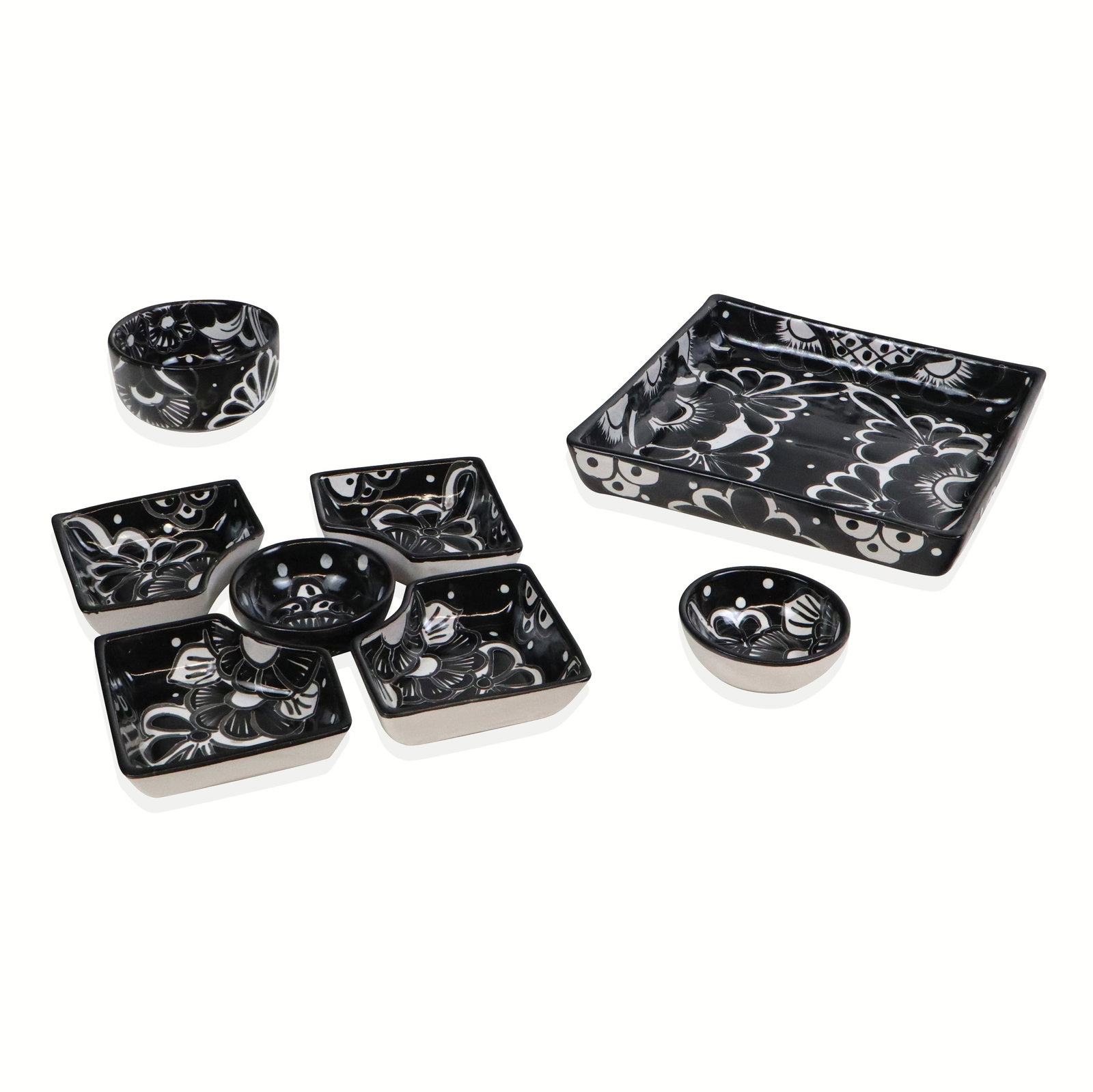 Contemporary Talavera Pottery Botanero Set, 8: Contemporary Talavera black, white and gray botanero set, decorated in tradition floral pattern, mark to base of square tray and 2 bowls "Lead Free Mex". [2" H x 10.25" Square]. Overall condition is g