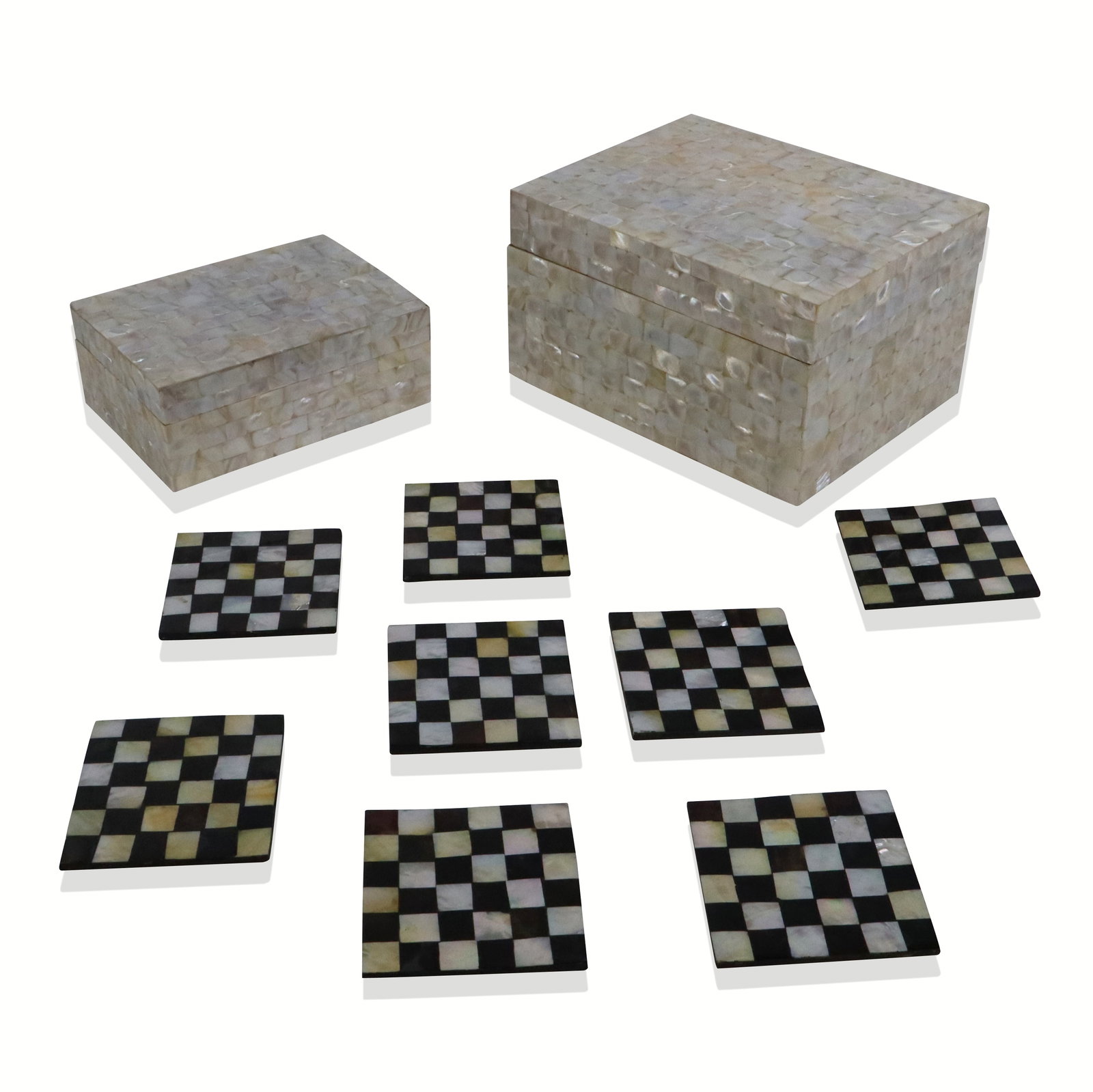 West Elm Two Mother of Pearl Boxes, and 8 Coasters: West Elm mother-of-pearl veneered boxes, Indian, 21st century, bearing paper label to underside; together with 8 square black and white mother-of-pearl coasters. [Largest box: 5.25" H x 9.25" W x 7" D
