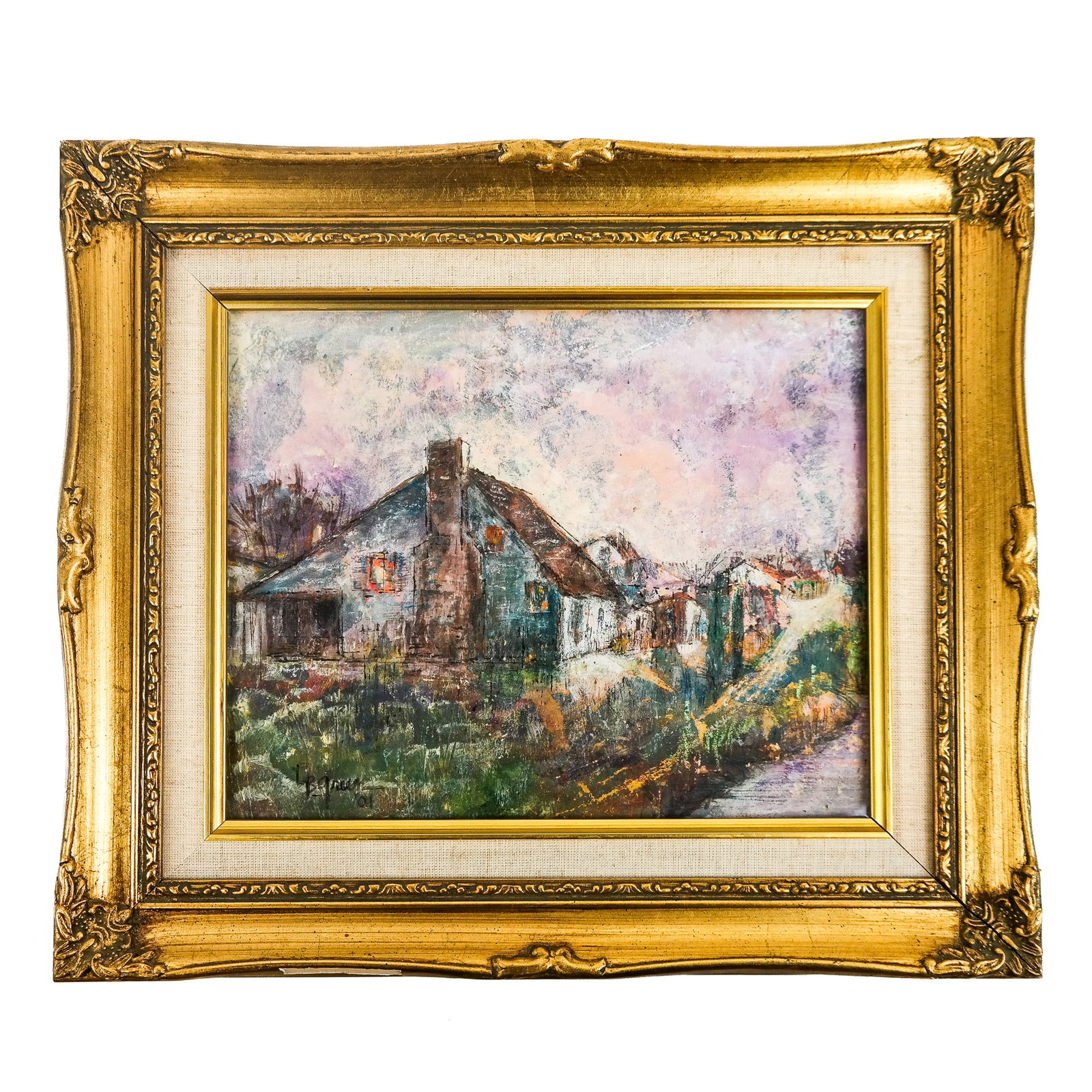 L.B. GREEN(E): Houses - Mixed Media: L.B. Green (or Greene) mixed media depiction of houses in a rural landscape road, signed lower left and dated '01. [Art: 7 1/2" H x 9 1/2" W; Frame: 12" H x 14" W].