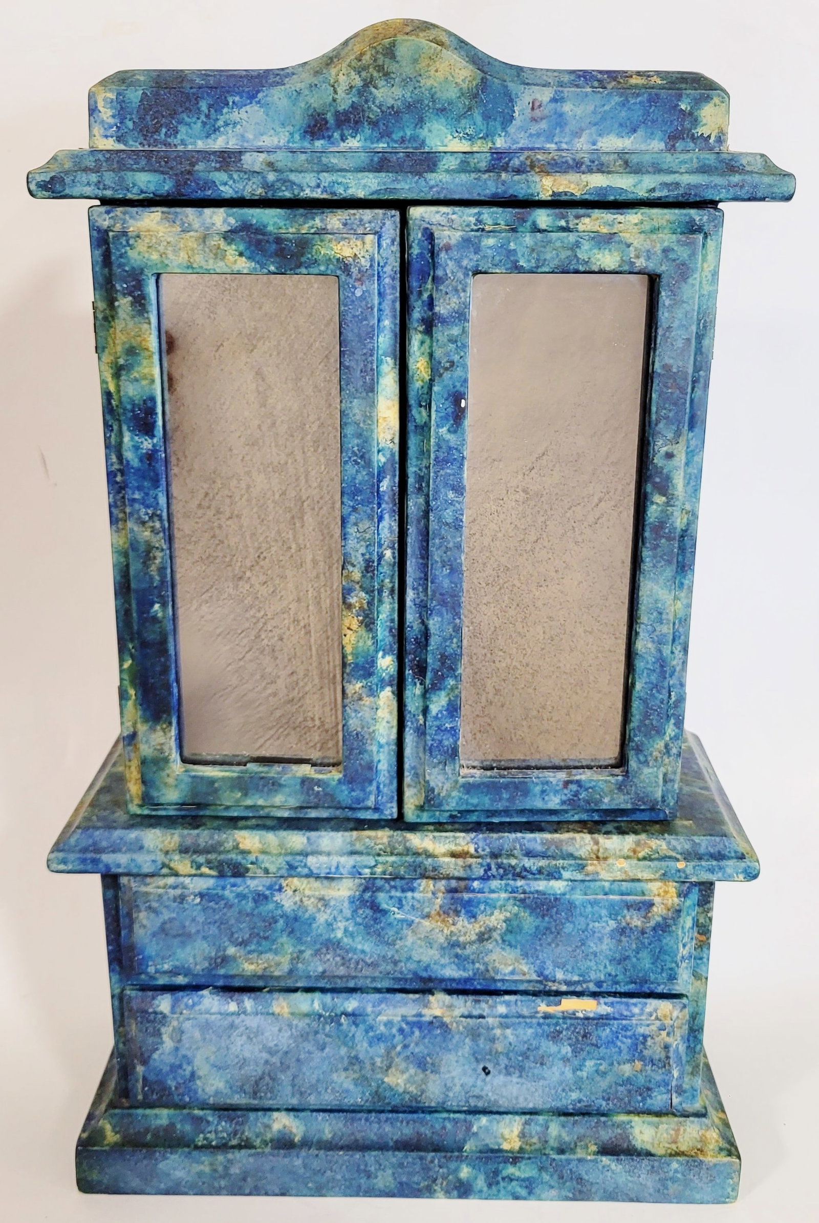 Salesman's Sample Vintage Breakfront: Vintage 20th century faux marble-painted two-door miniature cabinet. [17.75" H x 10.5" W x 4.75" D]. In good condition. Condition reports and requests for additional photos cannot be accepted on this 