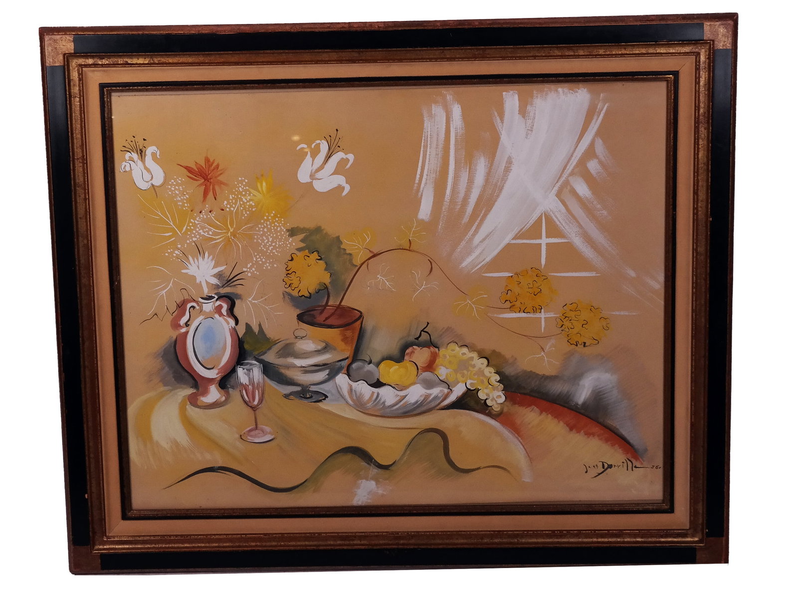 Jean DORVILLE (?): Still Life - Mixed Media: Mixed media work on paper depicting a table still life of flowers and fruit in a setting by a window, signed lower right, dated '36. [Art: 28" H x 35" W; Frame: 36 1/2" H x 44" W].