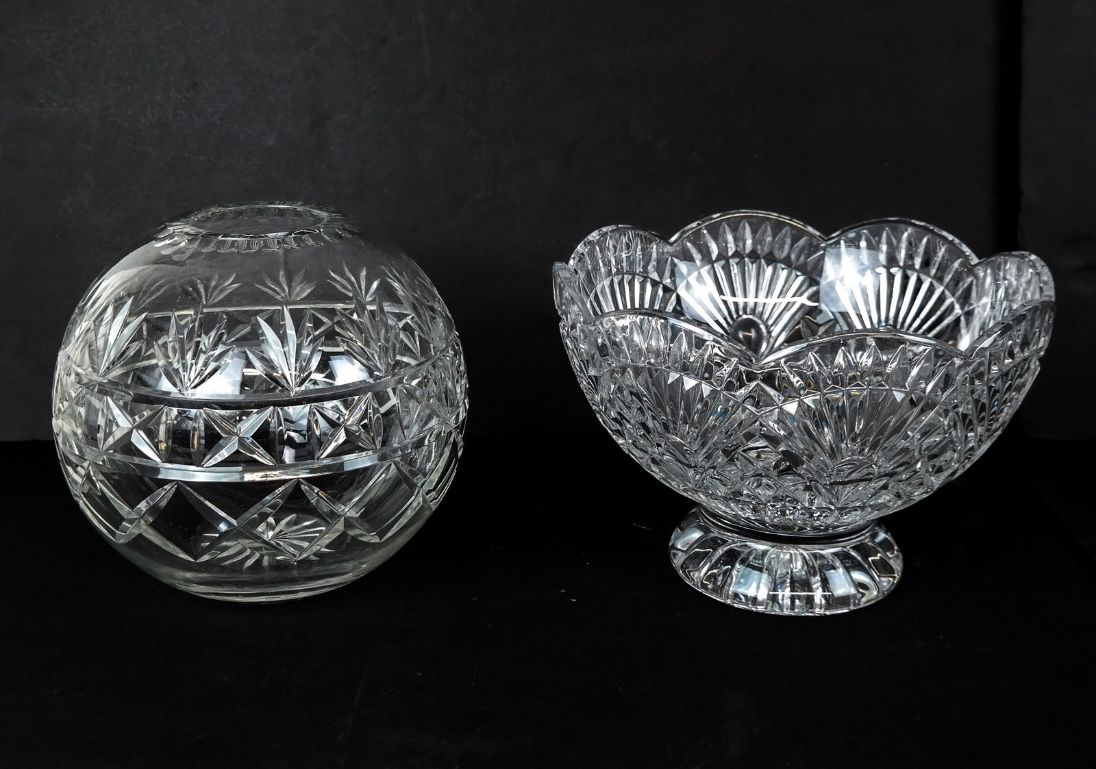 2 Cut Glass Articles, Rose Vase & Bowl: Group of 2 cut glass articles, 20th century, comprising a rose vase and a footed fruit bowl. [Fruit bowl: 6.25" H x 9.5" Diameter]. Overall good condition with light scuffing and wear to bases. From t