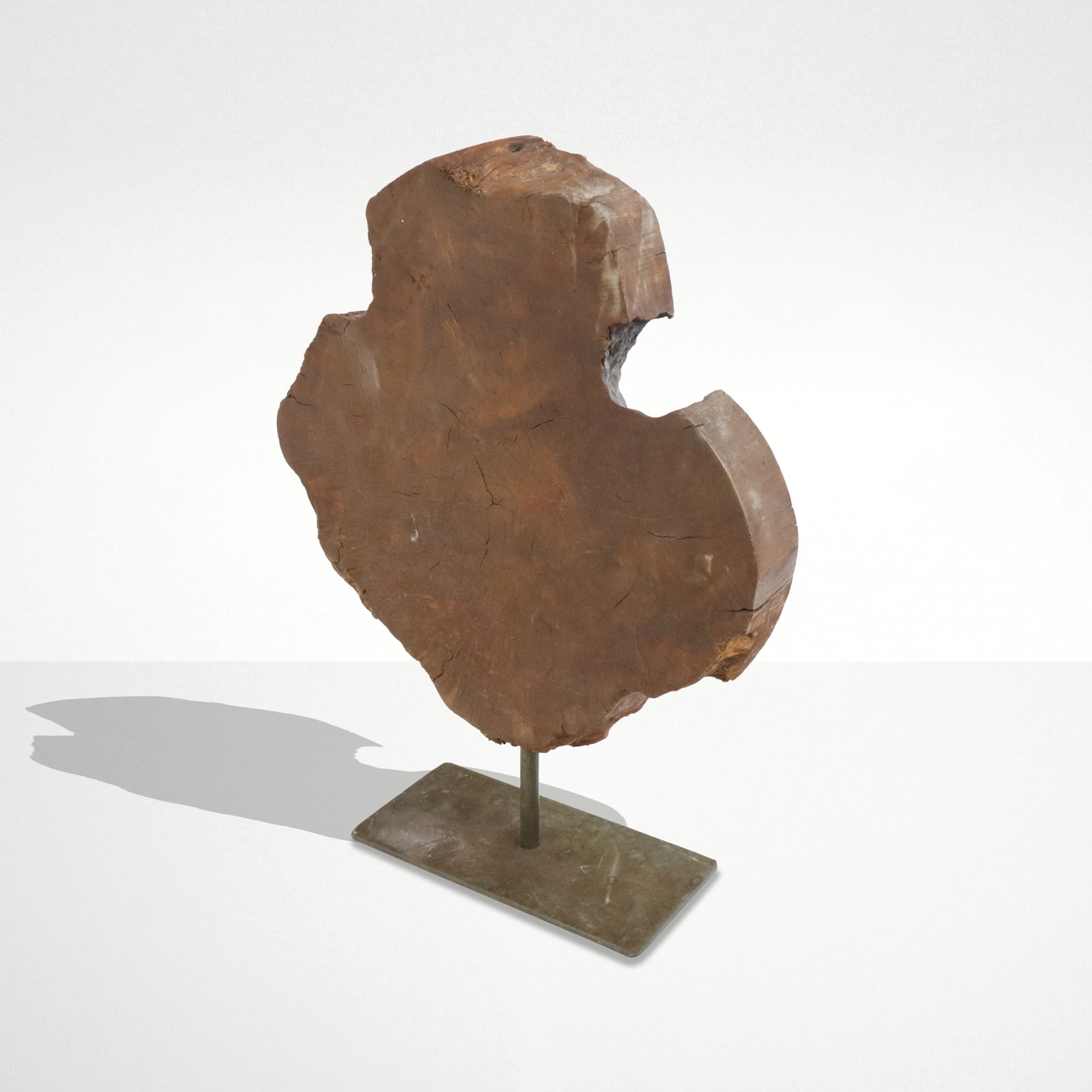 Wood Tree Slab Table Sculpture: Slice of tree and metal organic sculpture / table screen. [12" H. x 9" W x 2.75" D]. Overall condition is good, could benefit by oiling.