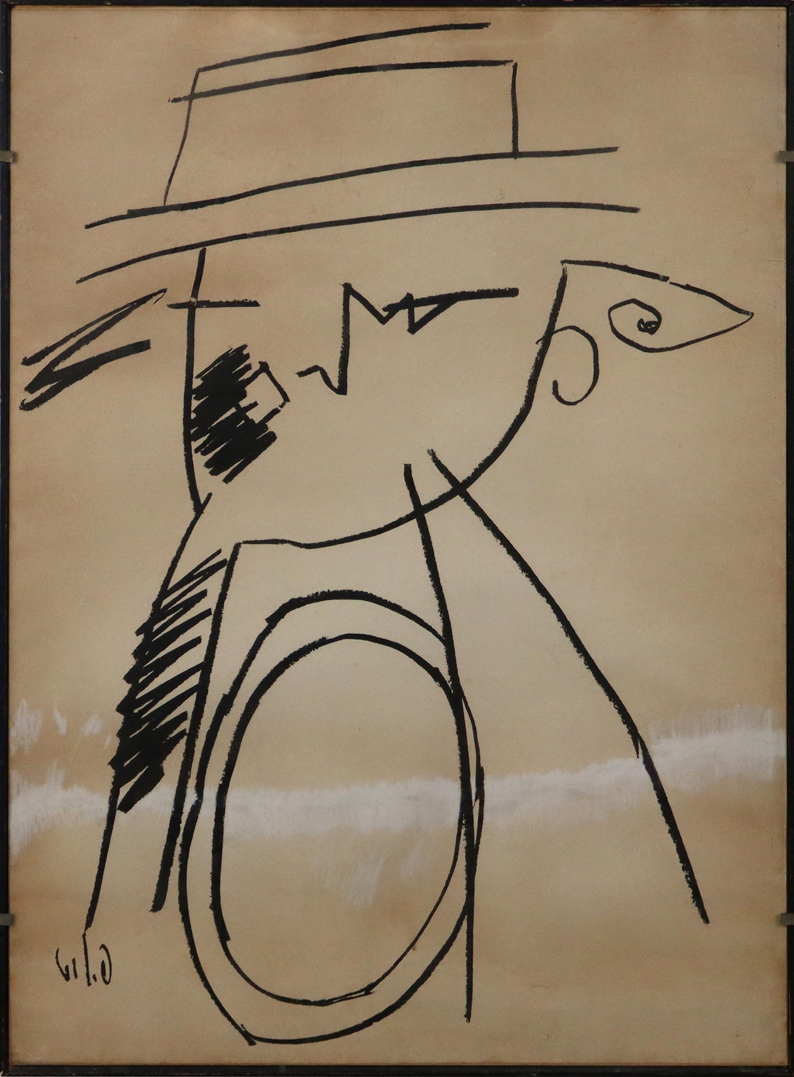 Framed Lithograph, Line Portrait of a Man: Framed lithograph, line portrait of a man in a hat, signed within the plate illegibly lower left. [Sheet: 27.75" H x 19.25" W; Frame: 28.25" H x 20" W]. Toning and other wear.