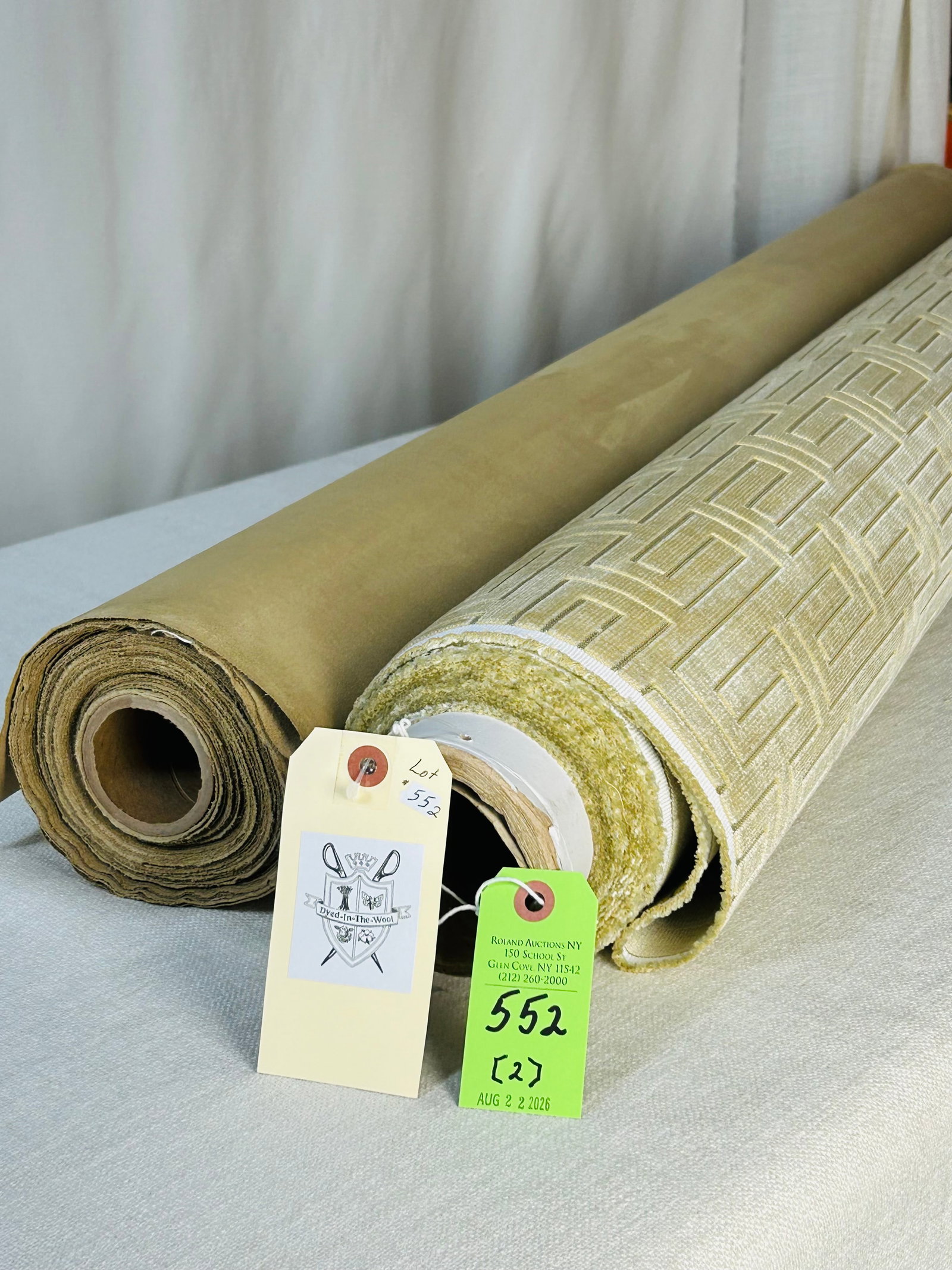 Fret's Figured Velvet And Tan Ultrasuede Fabric: 1) 4 1/2 yards of Fret's "Geofret" cut velvet in "Gold", Item # 11-5, 54" width. The ornamental band is 55% viscose and 45% cotton. The upholstery fabric has a 4 1/2" vertical repeat by 9" horizontal 
