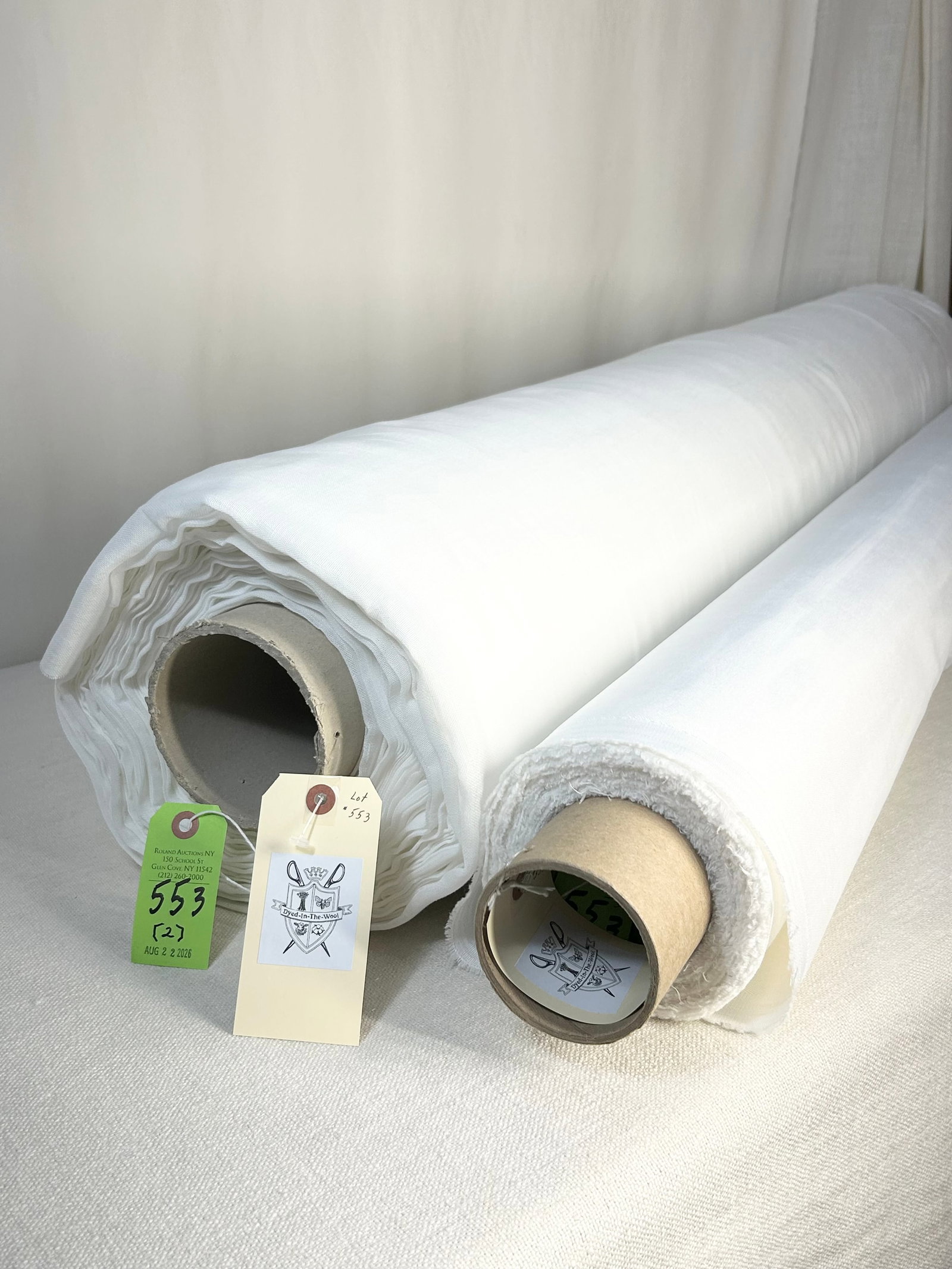 White Velvet And White Polyester Sheer Fabric: 1) 11 yards of white synthetic velvet, 55" width. Fine for windows, beds or medium-duty residential upholstery. In great condition. 2) 58 yards of "Yara", a polyester sheer in light cream, 116" width.