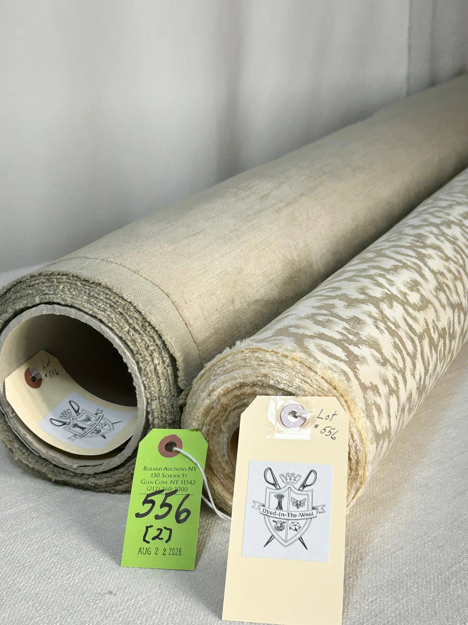 Fret's Silk Lampas And Jim Thompson Velvet Fabric: 1) 20 elegant yards of Fret Fabrics' custom silk lampas called "Ikat Scroll" in "Ivory", # 29-1. The vermicelli-like design is best for windows, beds or light-duty residential upholstery. At 55" width