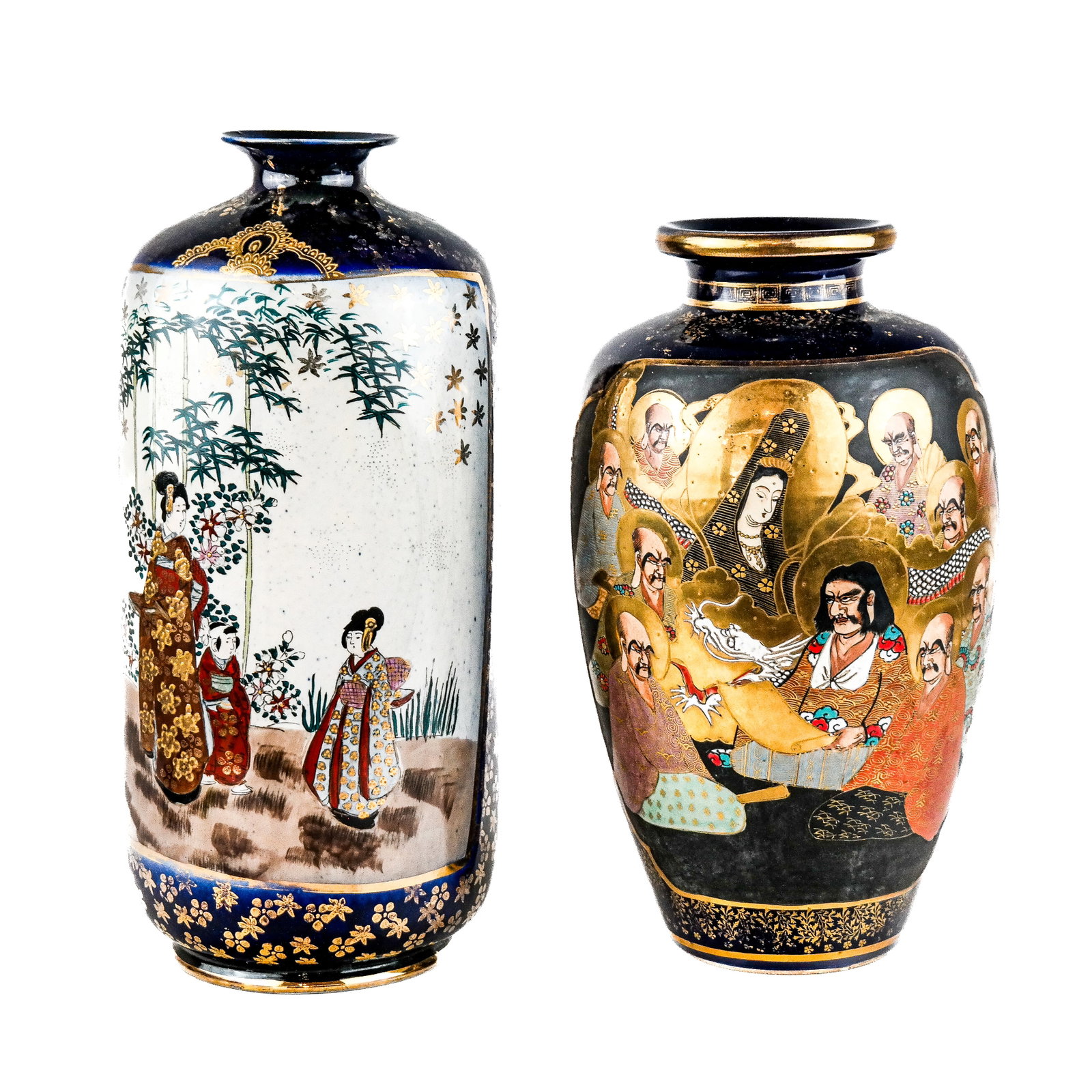 Two Japanese Satsuma Porcelain Vases: Two (2) Japanese Satsuma porcelain bases, the gilt-accented cobalt blue ground with cartouches of figures, marked to bases. [Taller: 14" H x 6 1/2" Diam.]. Crackling to glaze; losses and wear to decor