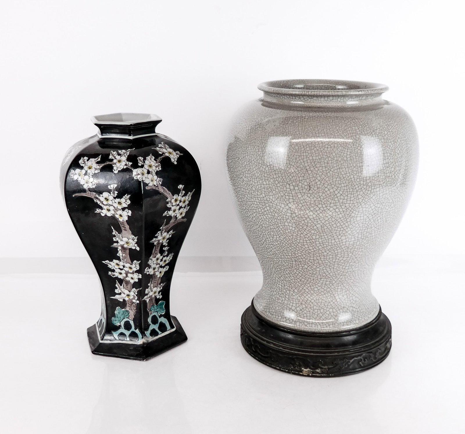 Two Chinese Vases: Two Chinese vases, one with crackle glaze on an affixed metal base, formerly mounted as a lamp, and a Chinese export Famille Noir vase with a hexagonal base. [Crackle glazed vase: 14.5" H x 10" Diamet