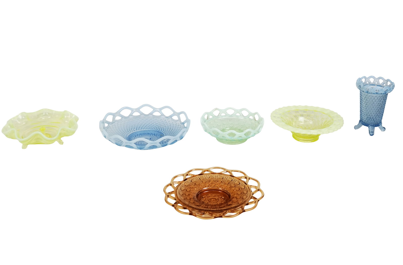 Imperial Pressed Glass Articles, 6: Assorted Imperial Glass articles, American, 20th century, comprising "Katy Blue" vase, Uranium glass bowl, Uranium glass bowl with woven decoration and spread lip, a ruffle edge Uranium glass bowl on 