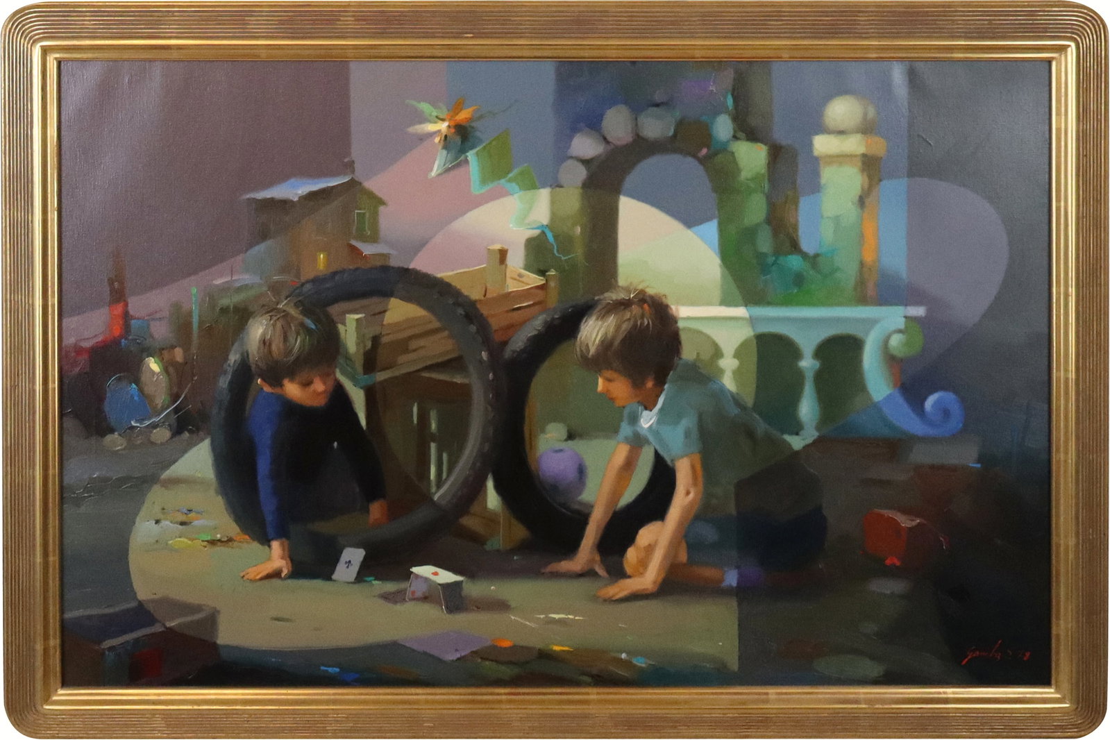 Silvano GAMBA Children at Play, Oil on Canvas: Silvano Gamba (Italian, b. 1939) oil on canvas painting depicting a whimsical interior scene with children playing, signed and dated lower right 1978, bearing stamp to verso "Painted in Italy Original