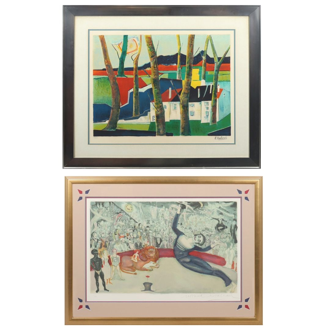 Two Lithographs Rene Couturier and Marcel Marceau: 1. Rene Couturier (French, b. 1933-2008) colored lithograph on paper titled "Coucher Du Soleil," signed in pencil lower right and numbered lower left 168/250, matted and framed. [Sight: 20" H x 24.75"