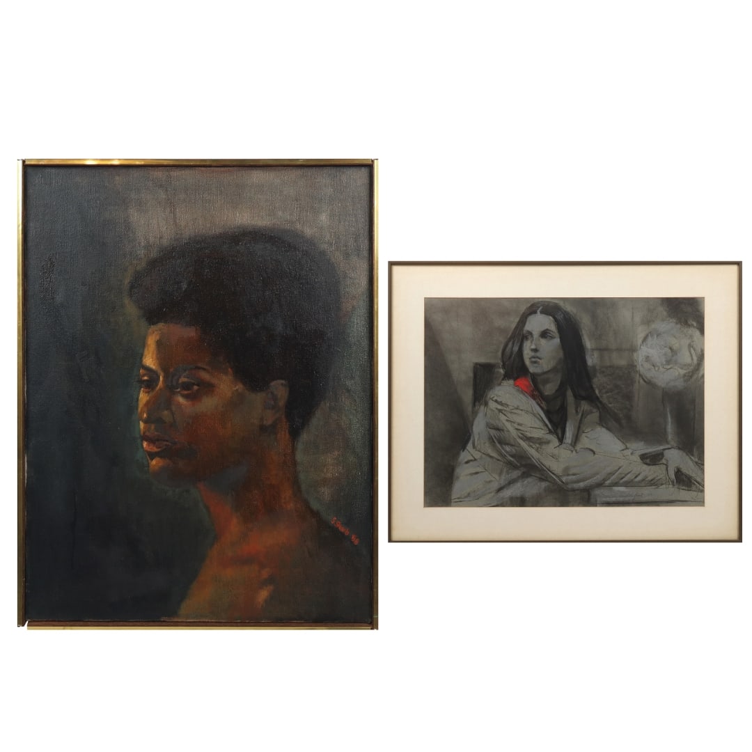 Saul Shoob Portraits, 2: 1. Oil on canvas portrait of a woman, 1968, signed S. Shoob to lower right with date, in a frame. [Framed: 24" H x 18" W]. 2. Illustration of a seated girl in grisaille palette with painted red accent