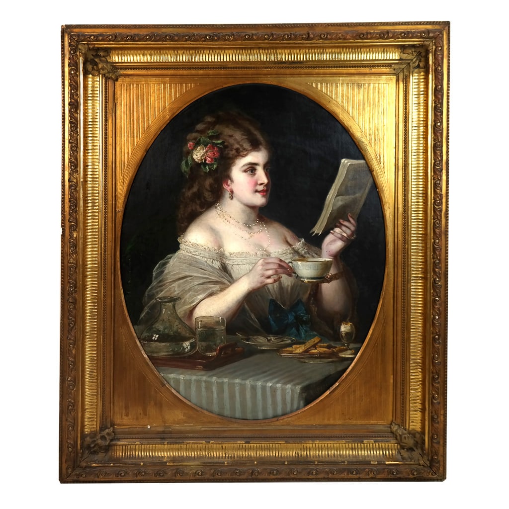 J. FERIER: Lady w/ Teacup - Oil Painting: J. Ferier (19th C.) oil on canvas painting of a lady in her boudoir with paper and teacup, signed lower right, in a gilt frame. [Art (oval): 36" H x 29" W; Frame: 48" H x 40 1/4" W]. In good condition