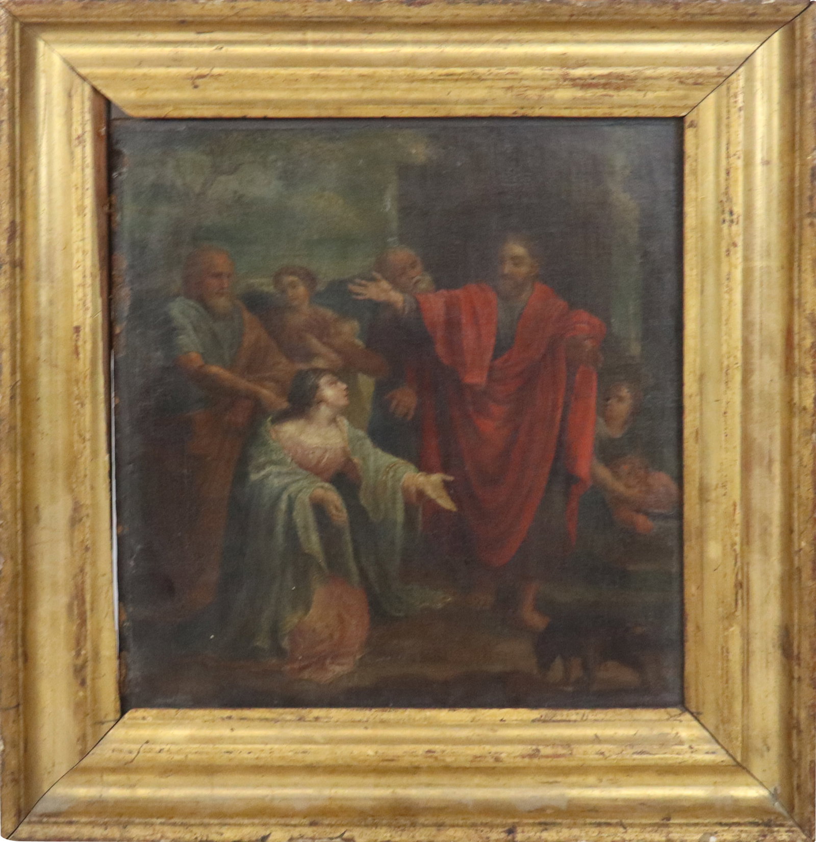 18th Century European School Oil on Canvas: European School oil on cradle back canvas, late 18th-early 19th century, biblical scene depicting Jesus in red robes surrounded by onlookers, bearing partial incomplete labels to verso, gilt framed. [
