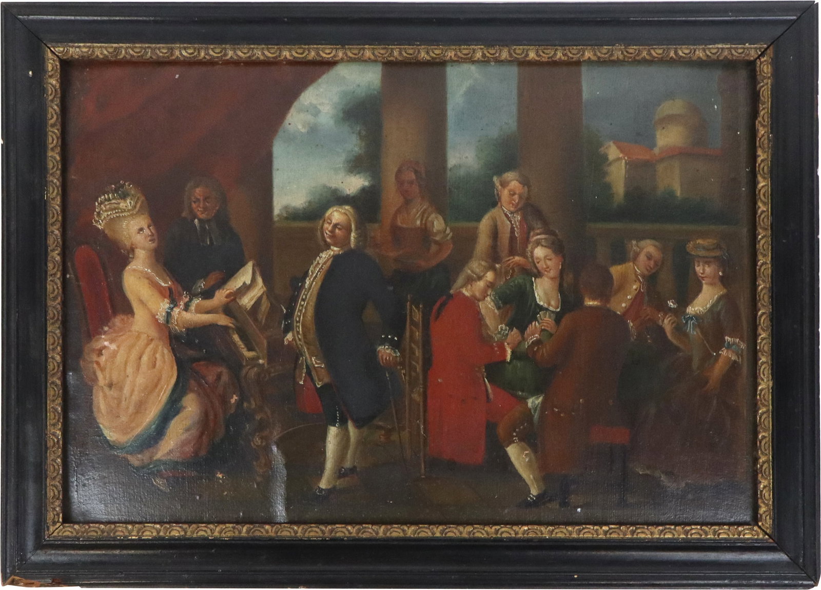 Rococo Revival Fete Galante Scene, Oil on Panel: Rococo Revival oil on panel, 19th-early 20th century pastiche of an 18th century "Fete Galante" genre painting, framed. [Panel: 9.5" H x 14" W; Frame: 11.75" H x 16" W]. Overall condition is good with