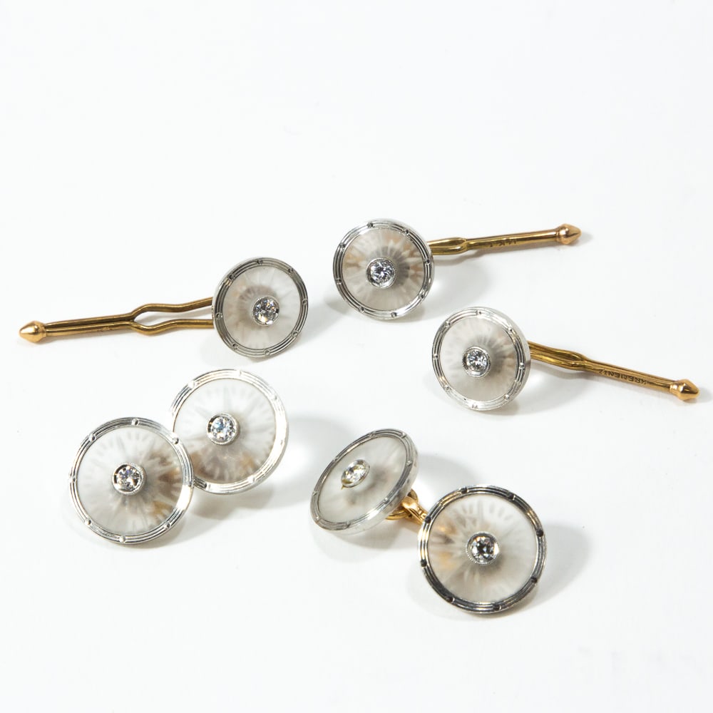 Krementz Art Deco Crystal & Diamond Dress Set, 5: Krementz & Co. art deco etched crystal, diamond, platinum and yellow gold dress set, comprising pair of cufflinks and three shirt studs, set with 7 round brilliant-cut diamonds, total approximately .3
