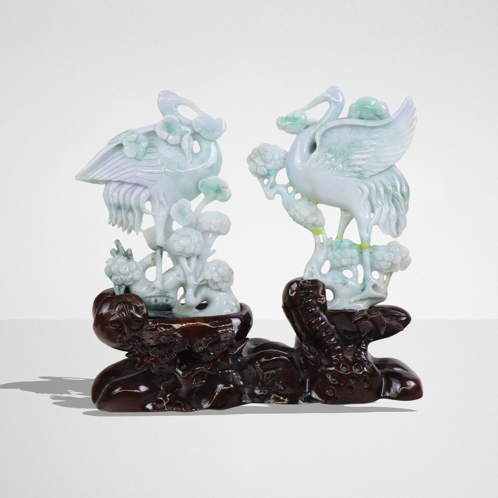 Chinese Carved Jade Cranes on a Carved Wood Stand (1 of 10)