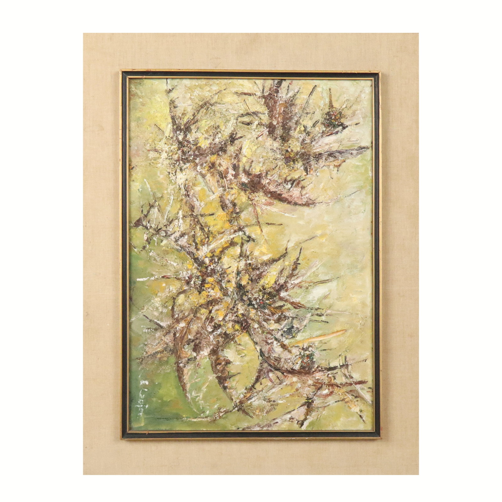 Heavy Impasto Oil on Canvas, Abstract Composition: Oil on canvas with heavy impasto, abstract composition in earth tones, signed illegibly lower right "E. Laufer" (?), framed. [Sight: 14.5" H x 21.25" W; Frame: 20.75" H x 27.5" W]. Overall in good con