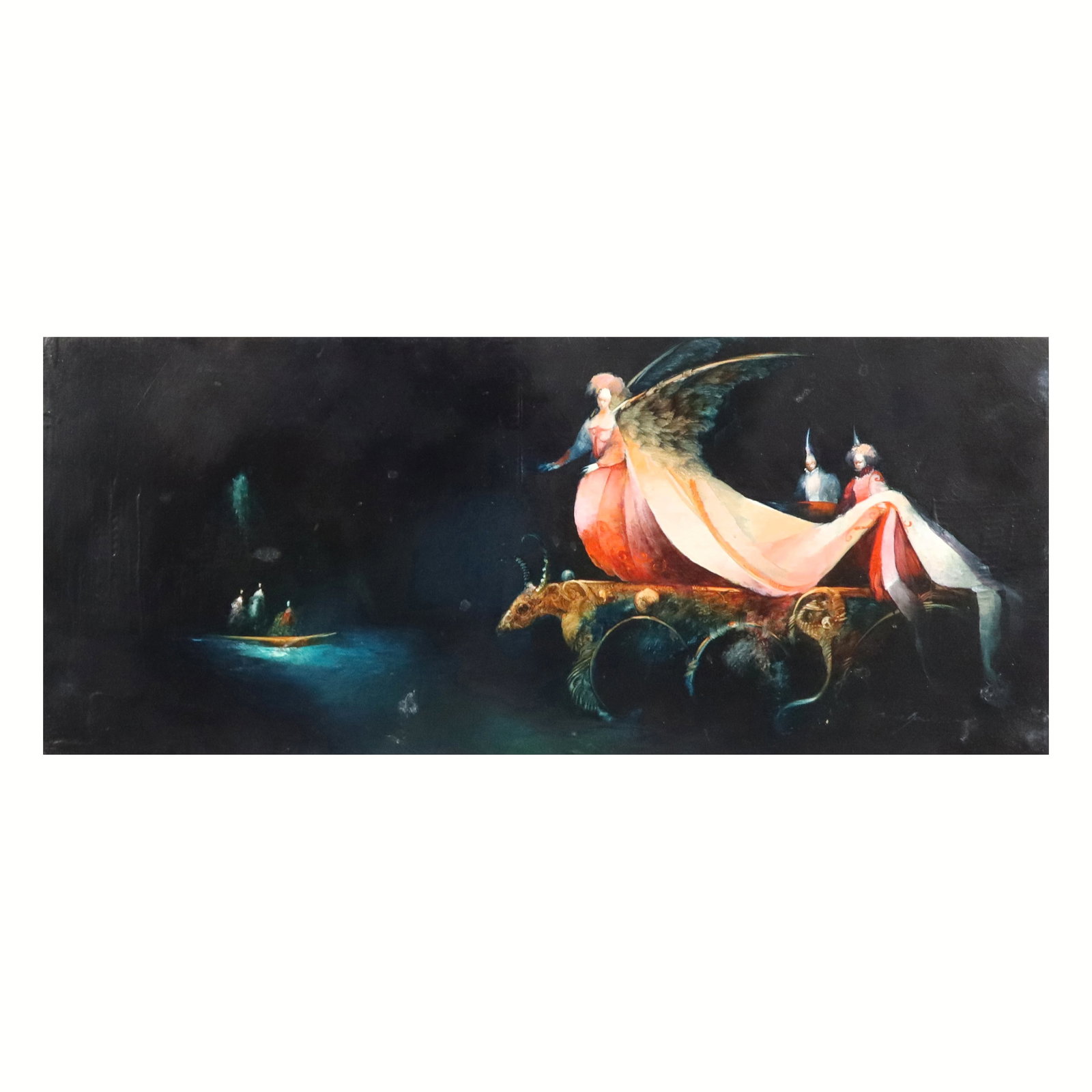 Anne BACHELIER "Au Bord de la Nuit" Oil on Board: Anne Bachelier (France, b. 1949) "Au Bord de la Nuit" oil on board, signed Bachelier to lower right, and signed and titled to reverse. [8" H x 20.5" W]. Condition is good with some areas of abrasion t