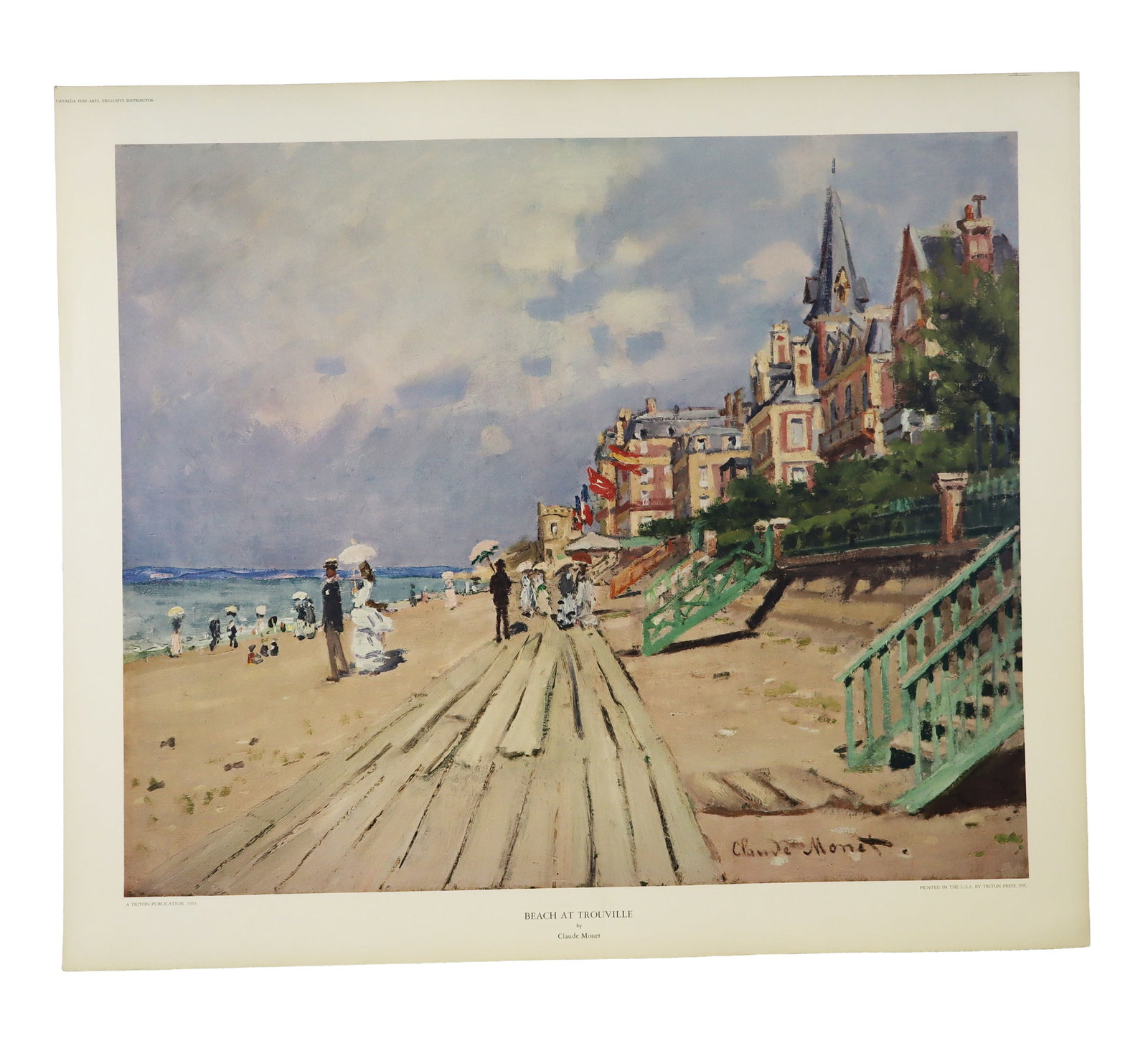 5 Claude Monet Reproduction Art Prints: Collection of 5 reproduction art prints depicting "Beach at Trouville" by Claude Monet (1840-1926), printed in the U.S.A by Triton Press, Inc. 1953, distributed by Catalda Fine Arts, Inc., unframed. [