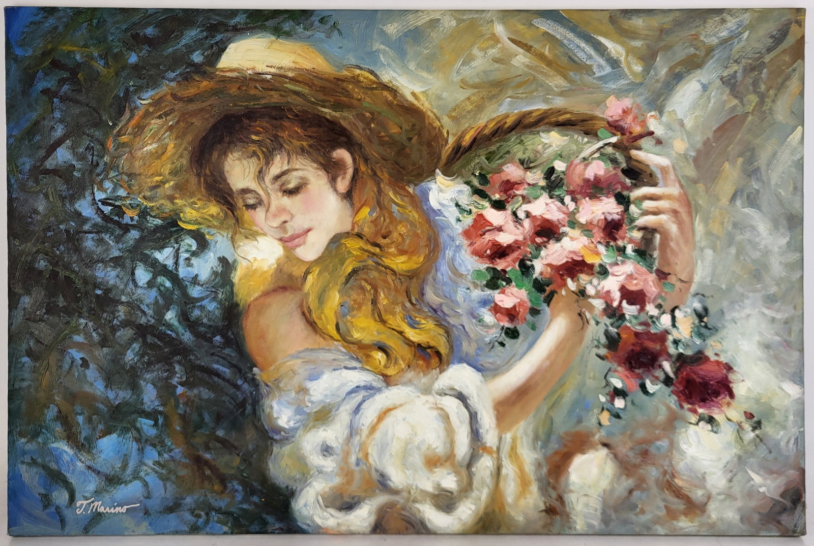 Oil on Canvas Woman w/ Flowers, Signed "Marino": Unframed oil on canvas portrait of a woman pulling flowers from a basket, signed lower left "T. Marino" (?). [Canvas: 24" H x 36" W]. Overall in good condition.