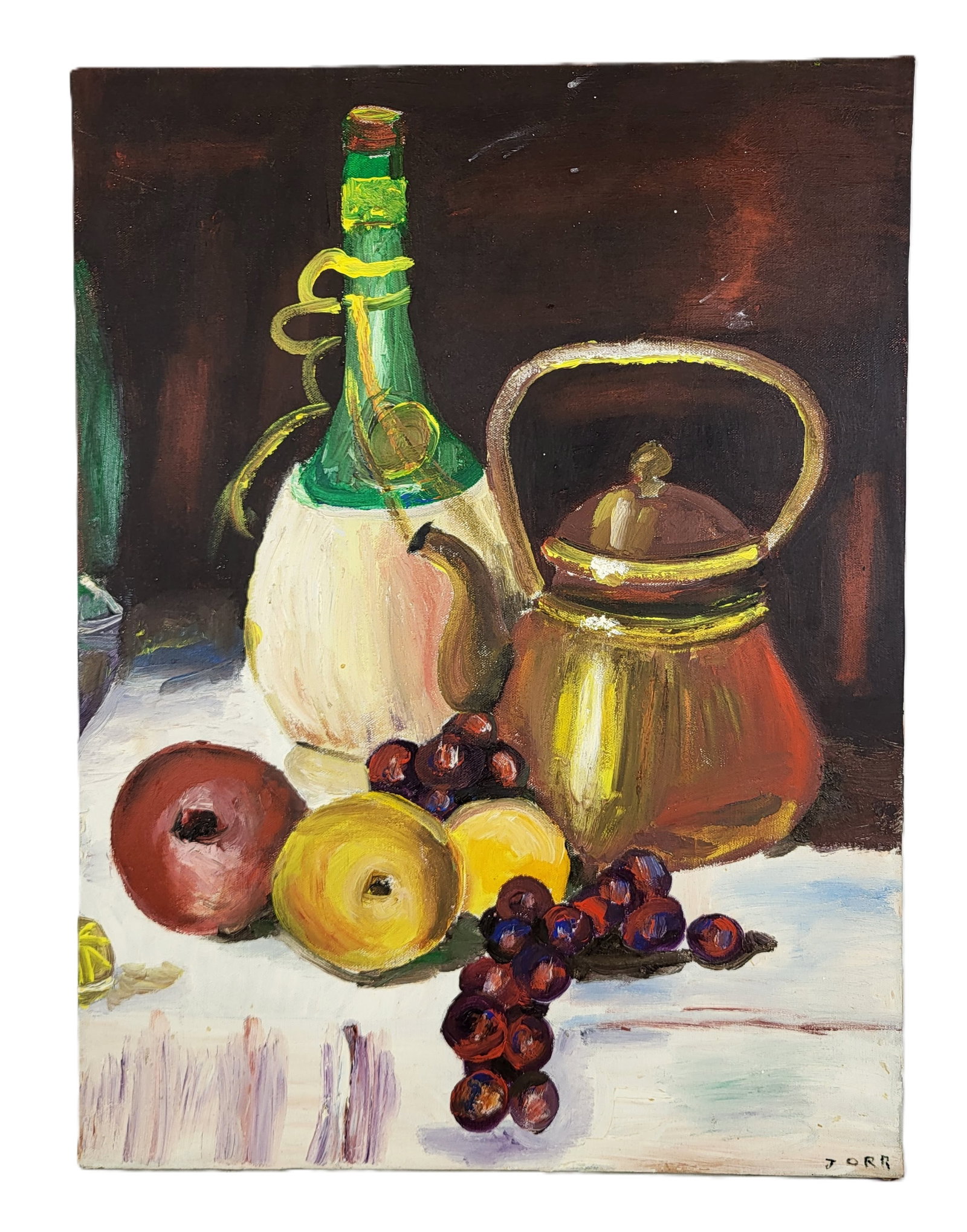 Oil on Canvas Still Life w/ Fruit, Signed "Jorr": Unframed oil on canvas table still life with fruit, kettle, and wine bottle, signed lower right "Jorr". [Canvas: 24" H x 18" W]. Overall in good condition.