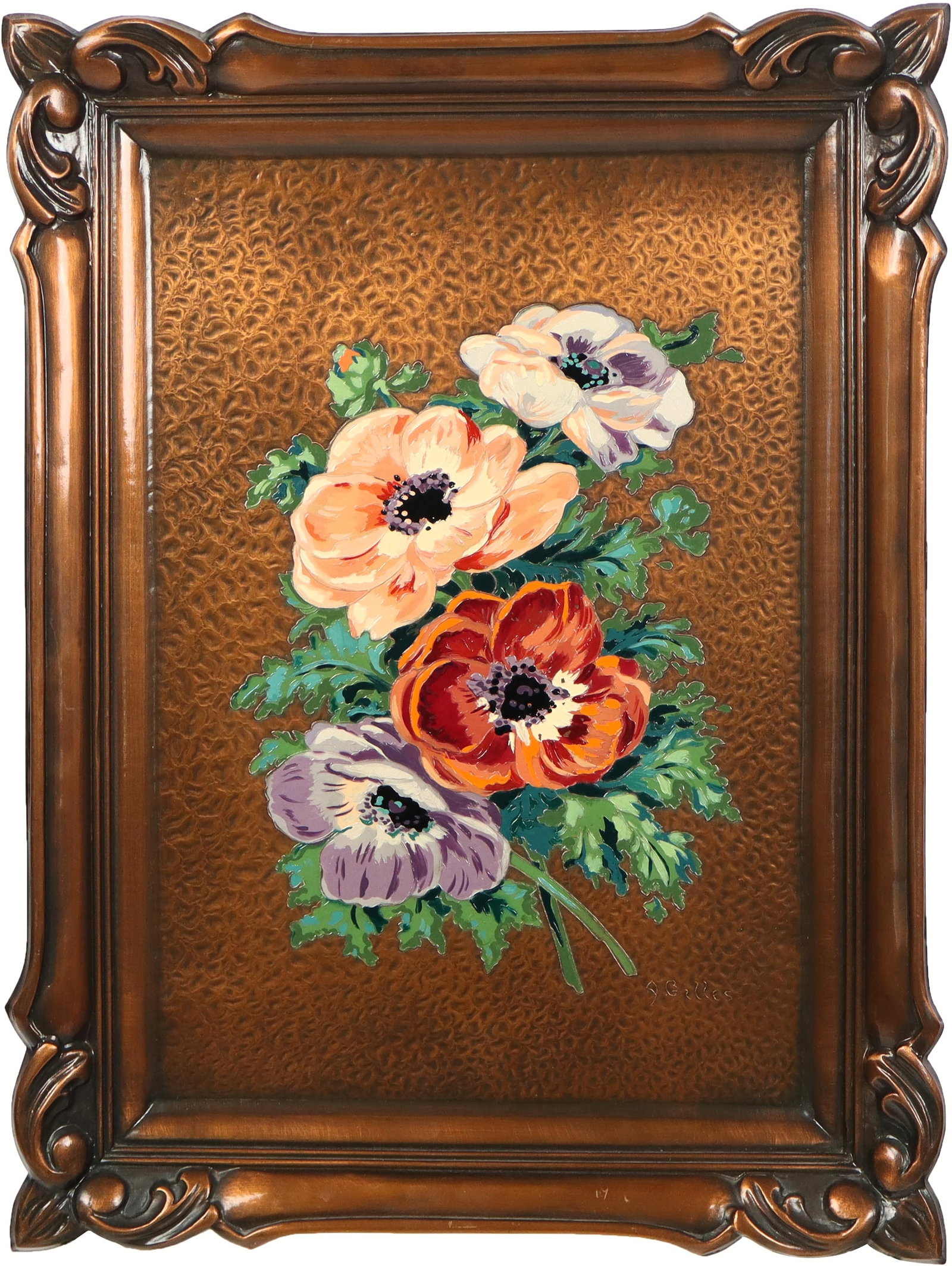 Albert GILLES Floral Bouquet Enamel on Copper: Albert Gilles (French, 1895-1979) hand-painted enamel on shaped and embossed copper depicting a bouquet of flowers, with embossed signature lower right "A. Gilles". [Overall: 20.5" H x 15.5" W]. Overa